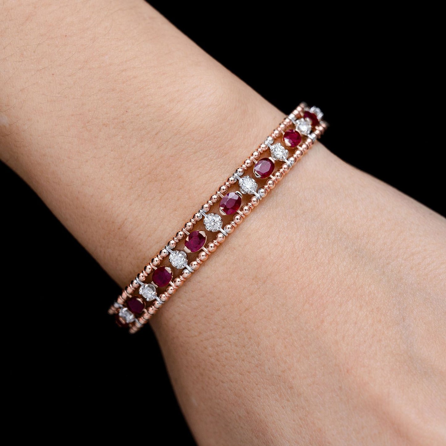 OVAL AND ROUND BEADED RUBY AND DIAMOND FLEX BANGLE BRACELET 14K SOLID GOLD 3.50CTW