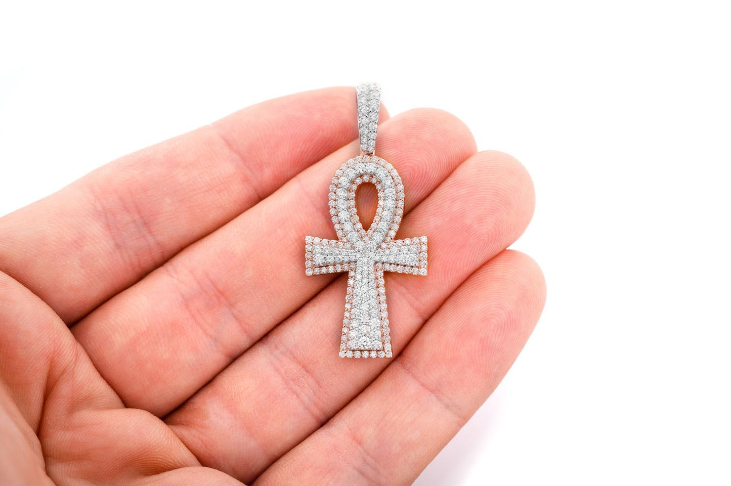 ANKH DOUBLE LAYER DIAMOND PENDANT 14K SOLID GOLD 2.10CTW