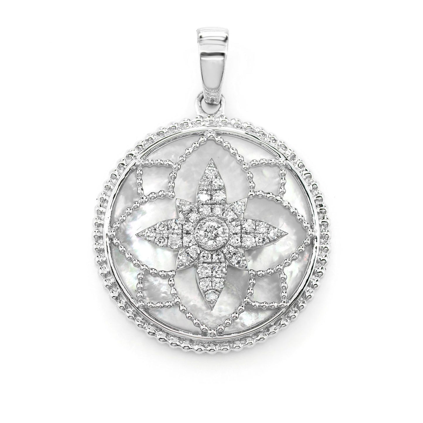 MOTHER OF PEARL AND DIAMOND MILGRAIN FLOWER MEDALLION PENDANT 14K SOLID GOLD 3.00CTW