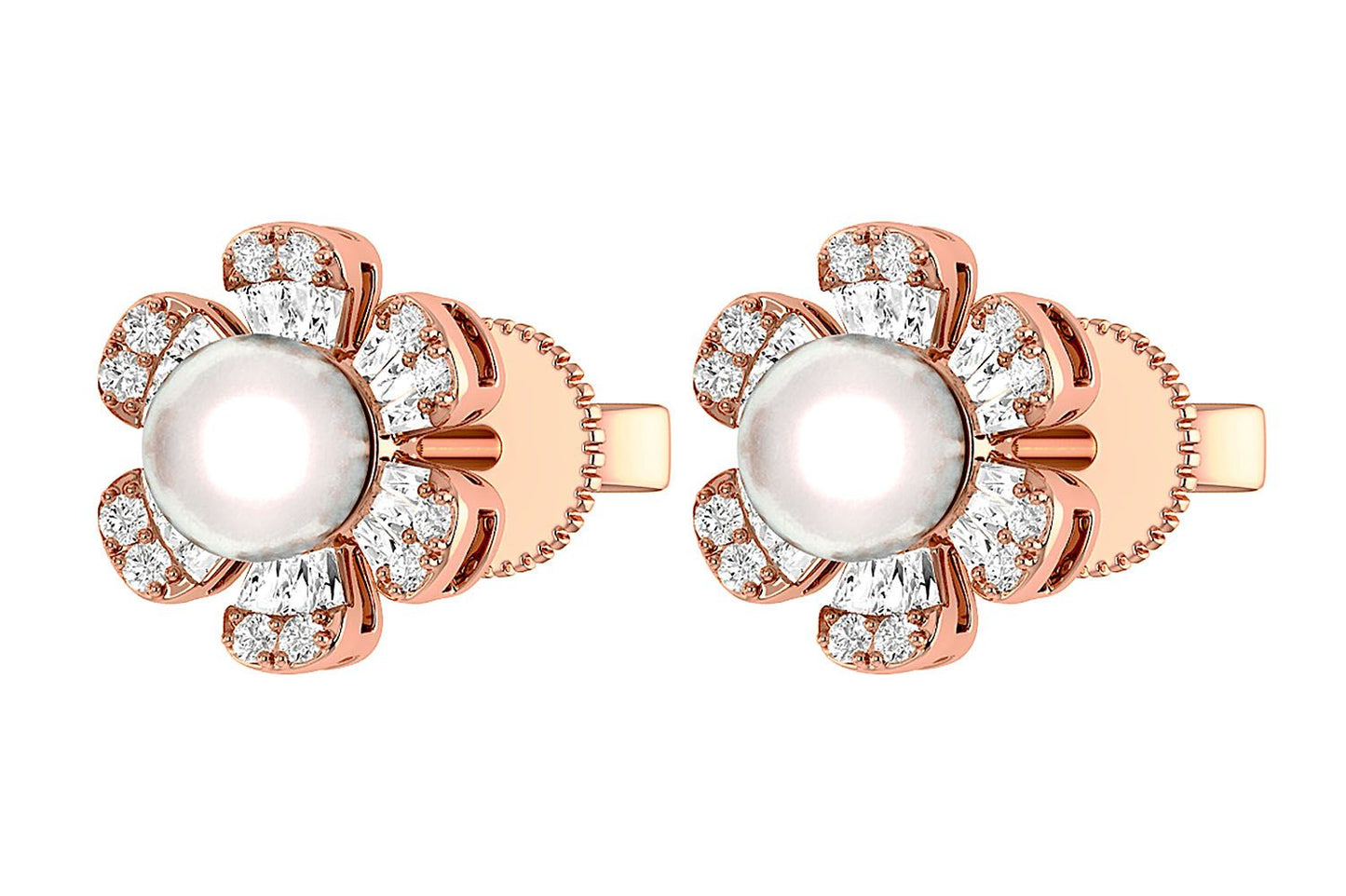 PEARL DIAMOND DAISY STUD EARRINGS 14K SOLID GOLD 0.30CTW