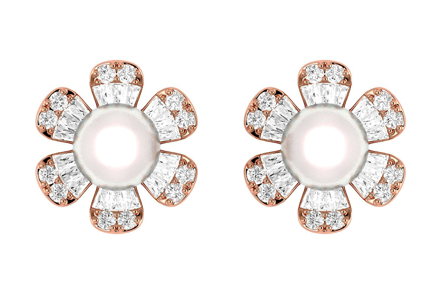 CERCEI ȘTIF CU PERLE ȘI DIAMANTE DAISY, AUR MASIV DE 14K, 0.30CT