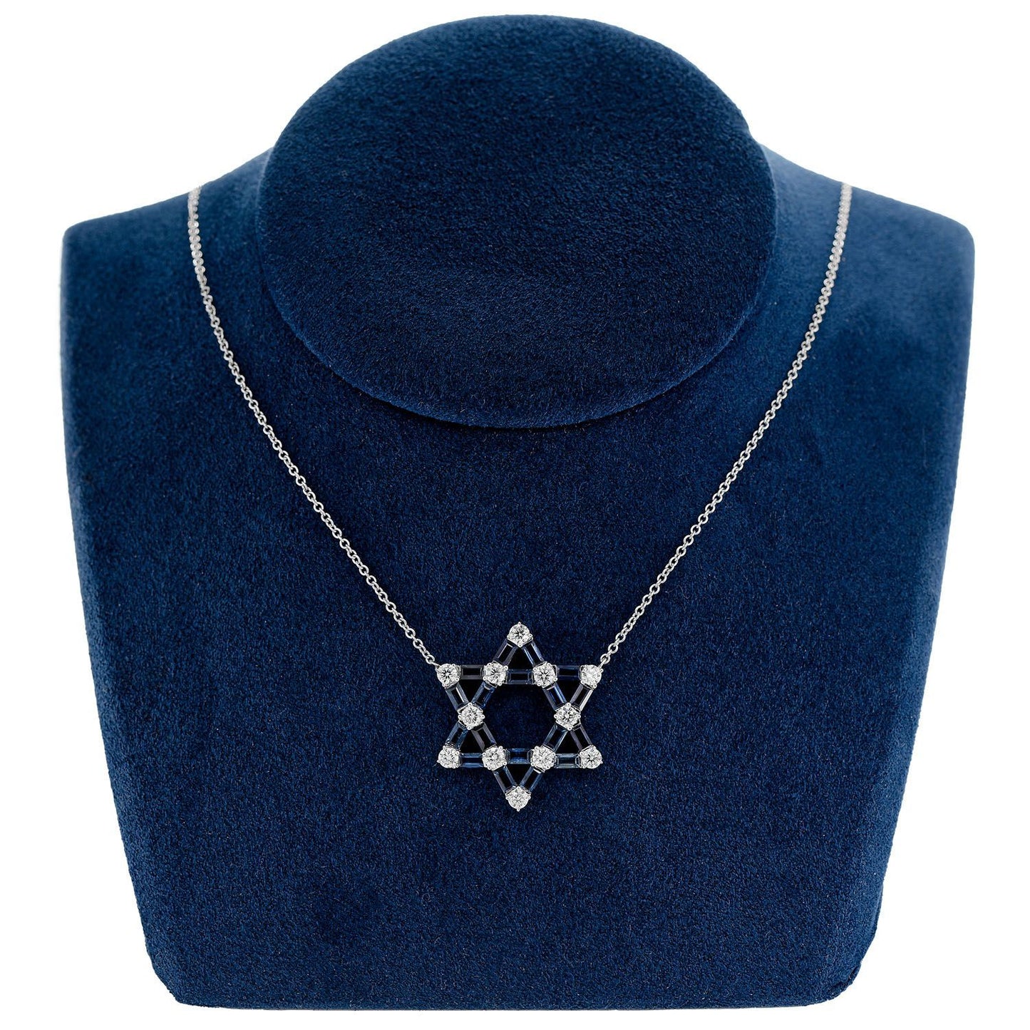 SAPPHIRE AND DIAMOND STAR OF DAVID PENDANT ATTACHED NECKLACE 14K SOLID GOLD 3.80CTW