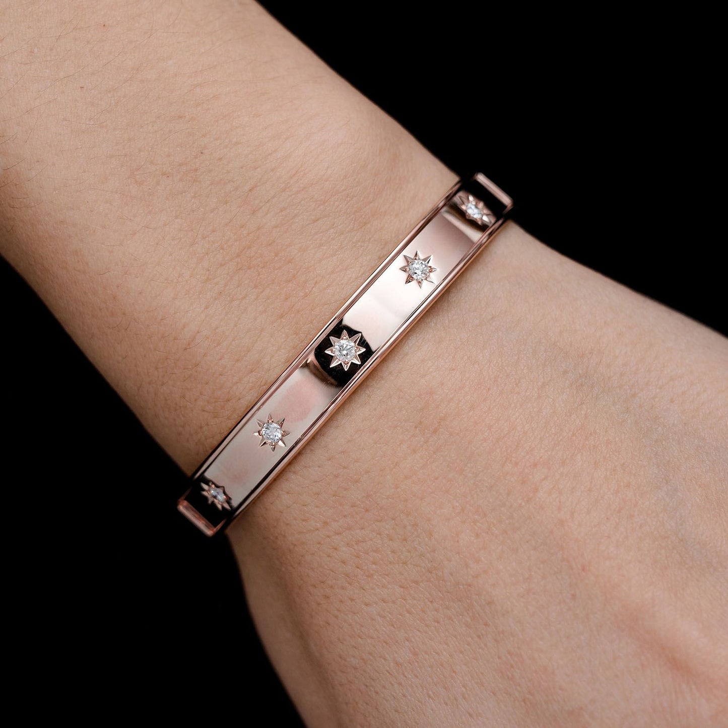 SATIN DIAMOND STAR BANGLE BRACELET 14K SOLID GOLD 0.40CTW