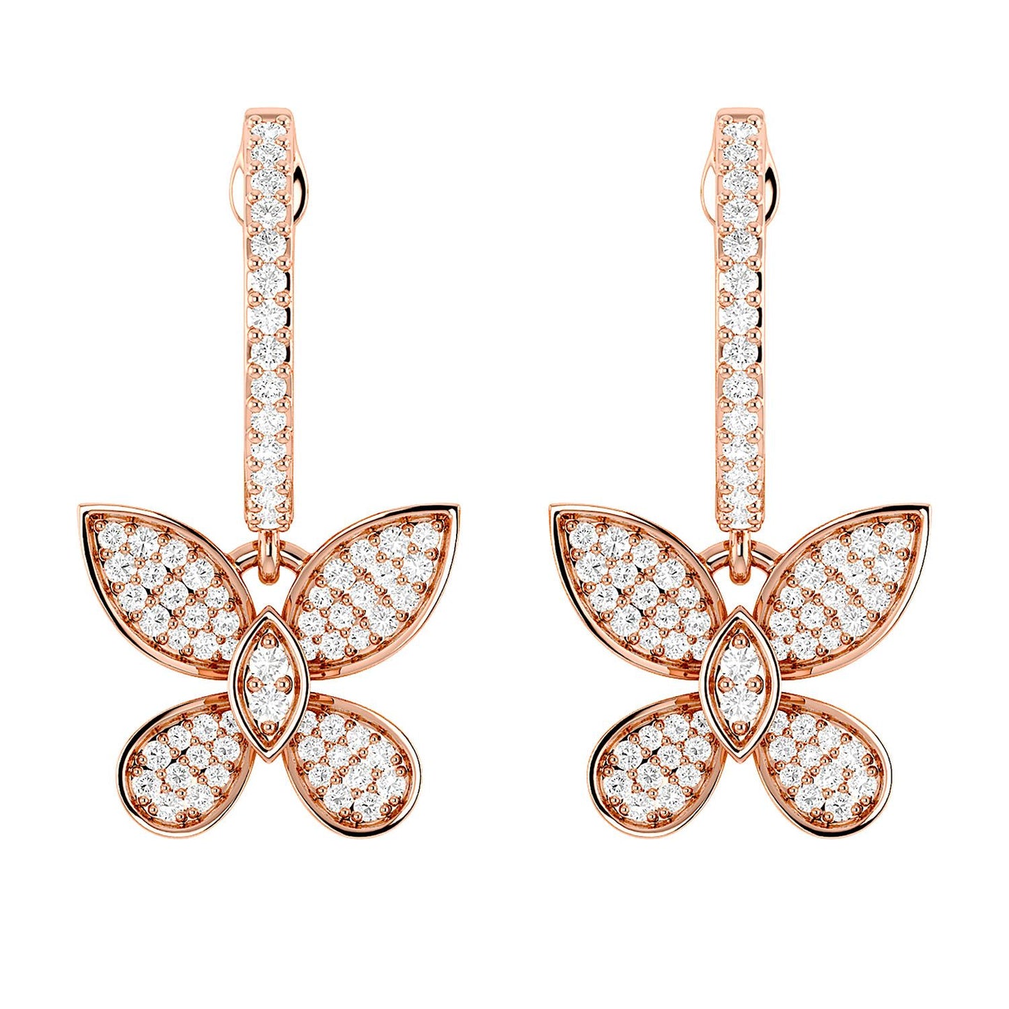 BUTTERFLY DANGLING DIAMOND HOOP EARRINGS 14K SOLID GOLD 0.45CTW