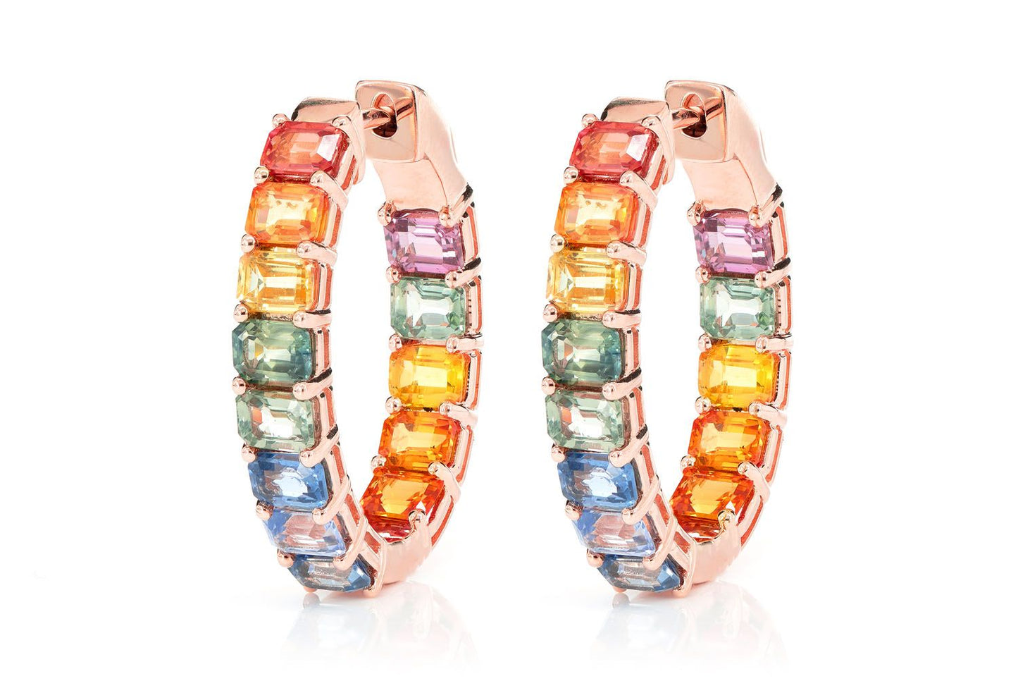 RAINBOW COLORED SAPPHIRE INSIDE OUTSIDE HOOP EARRINGS 14K SOLID GOLD 7.10CTW