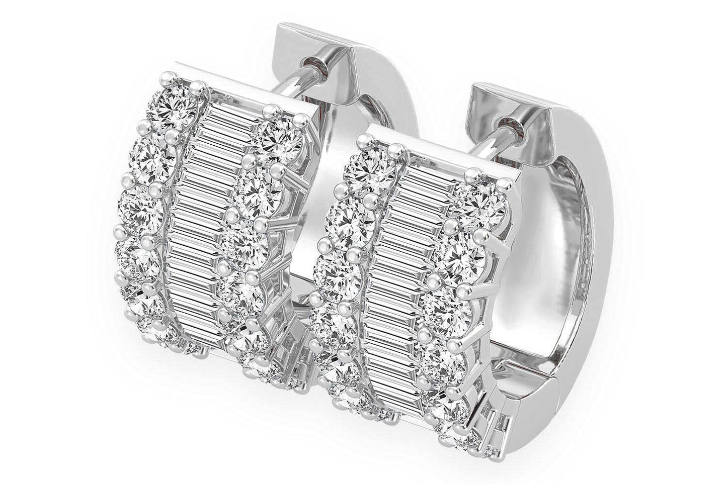 BAGUETTE & ROUND HOOP DIAMOND EARRINGS 14K SOLID GOLD 2.00CTW