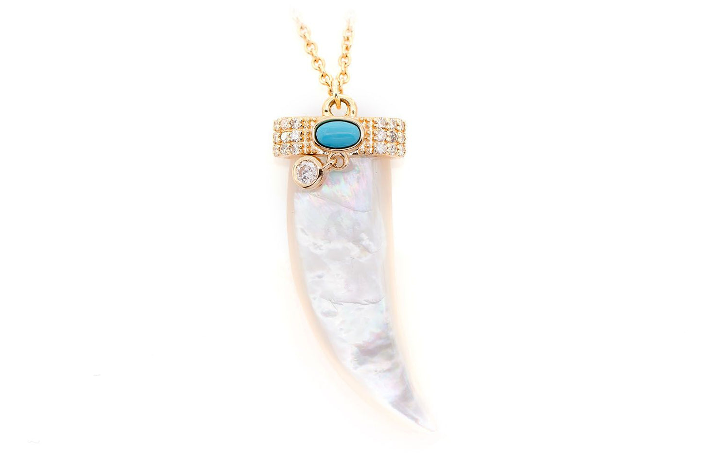 MOTHER OF PEARL HORN DIAMOND TURQUOISE PENDANT & NECKLACE 14K SOLID GOLD