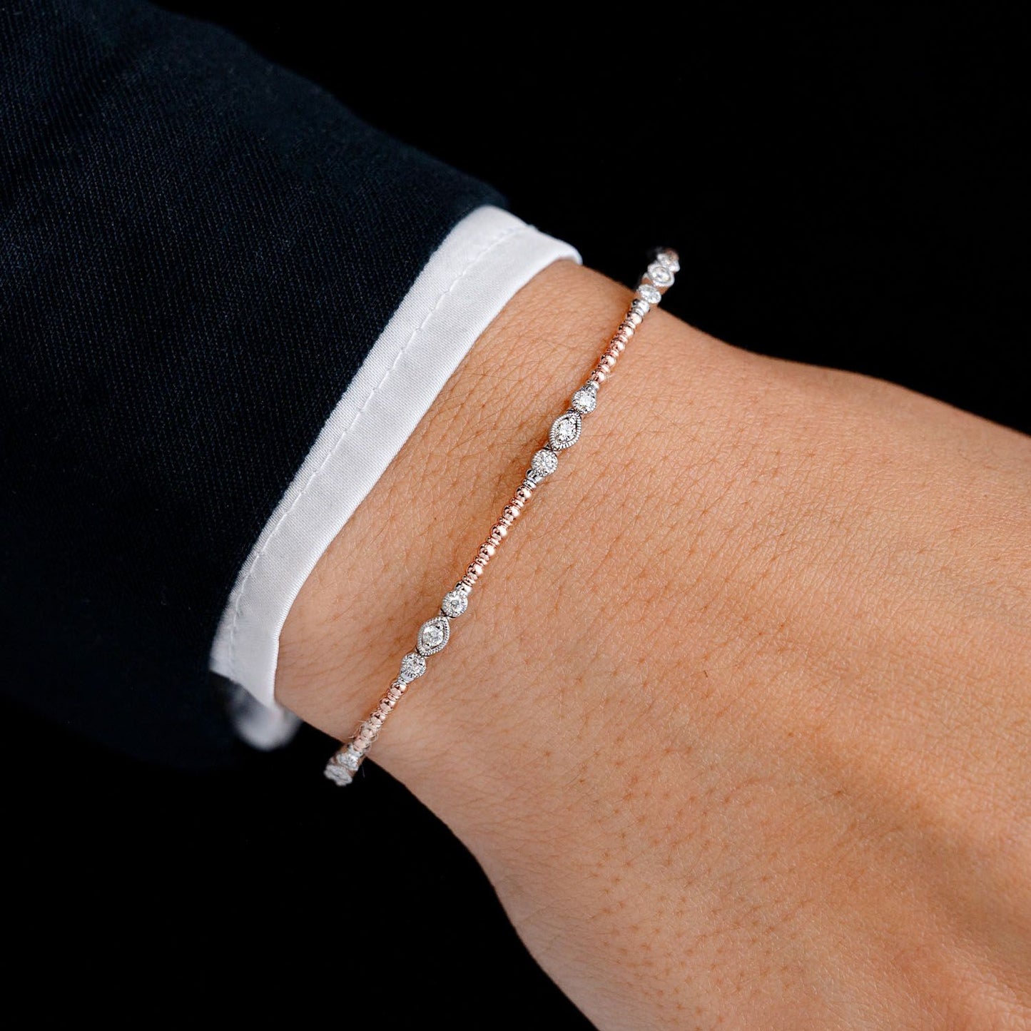 BEADED AND DIAMOND VINTAGE MILGRAIN FLEX BANGLE BRACELET 0.30CTW 14K SOLID GOLD