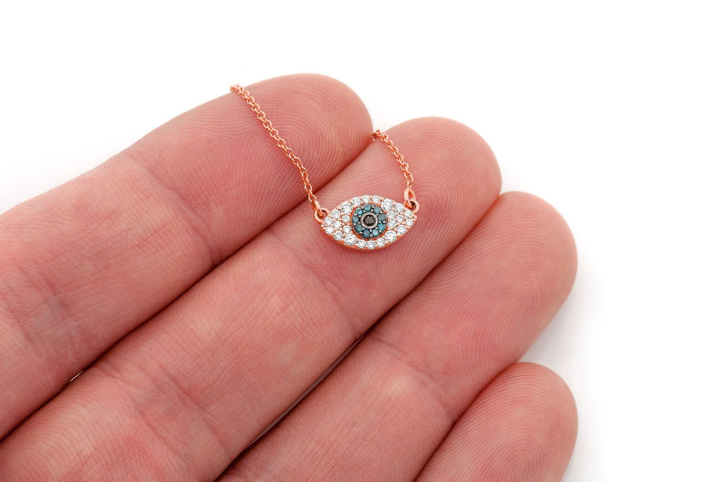 EVIL EYE DIAMOND NECKLACE CONNECTED 14K SOLID GOLD 0.25CTW