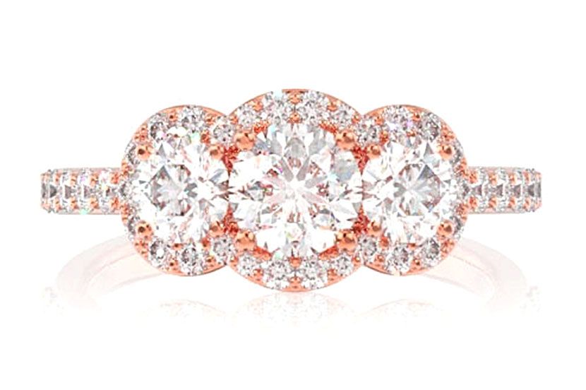 3 STONE HALO DIAMOND ENGAGEMENT RING 1.50CTW- 14K SOLID GOLD