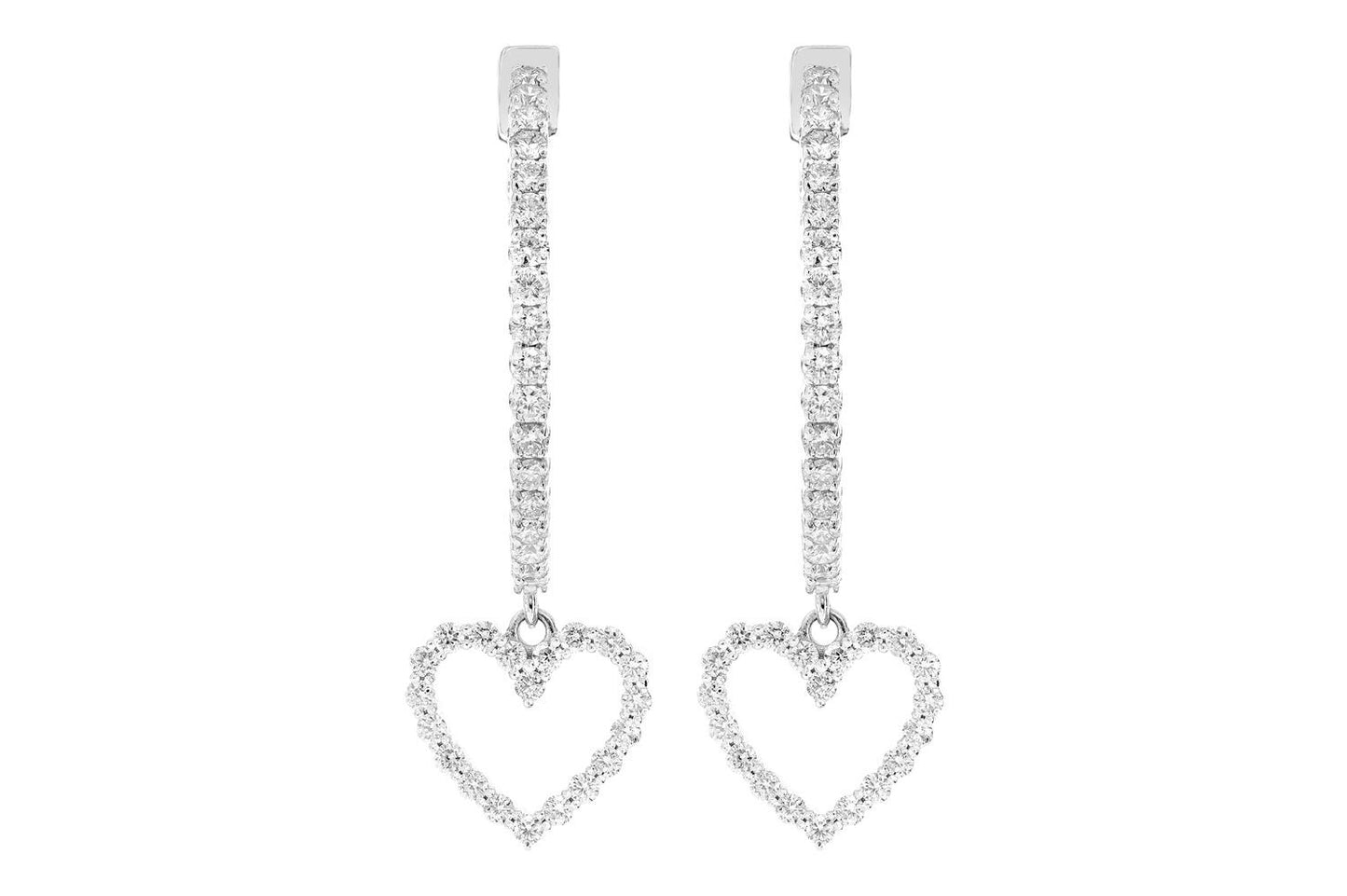 OPEN HEART DANGLING DIAMOND HOOPS 14K SOLID GOLD 1.85CTW