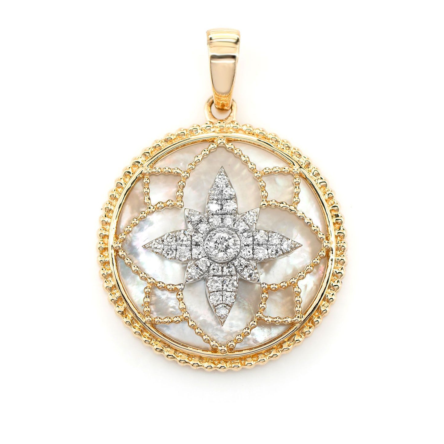 MOTHER OF PEARL AND DIAMOND MILGRAIN FLOWER MEDALLION PENDANT 14K SOLID GOLD 3.00CTW