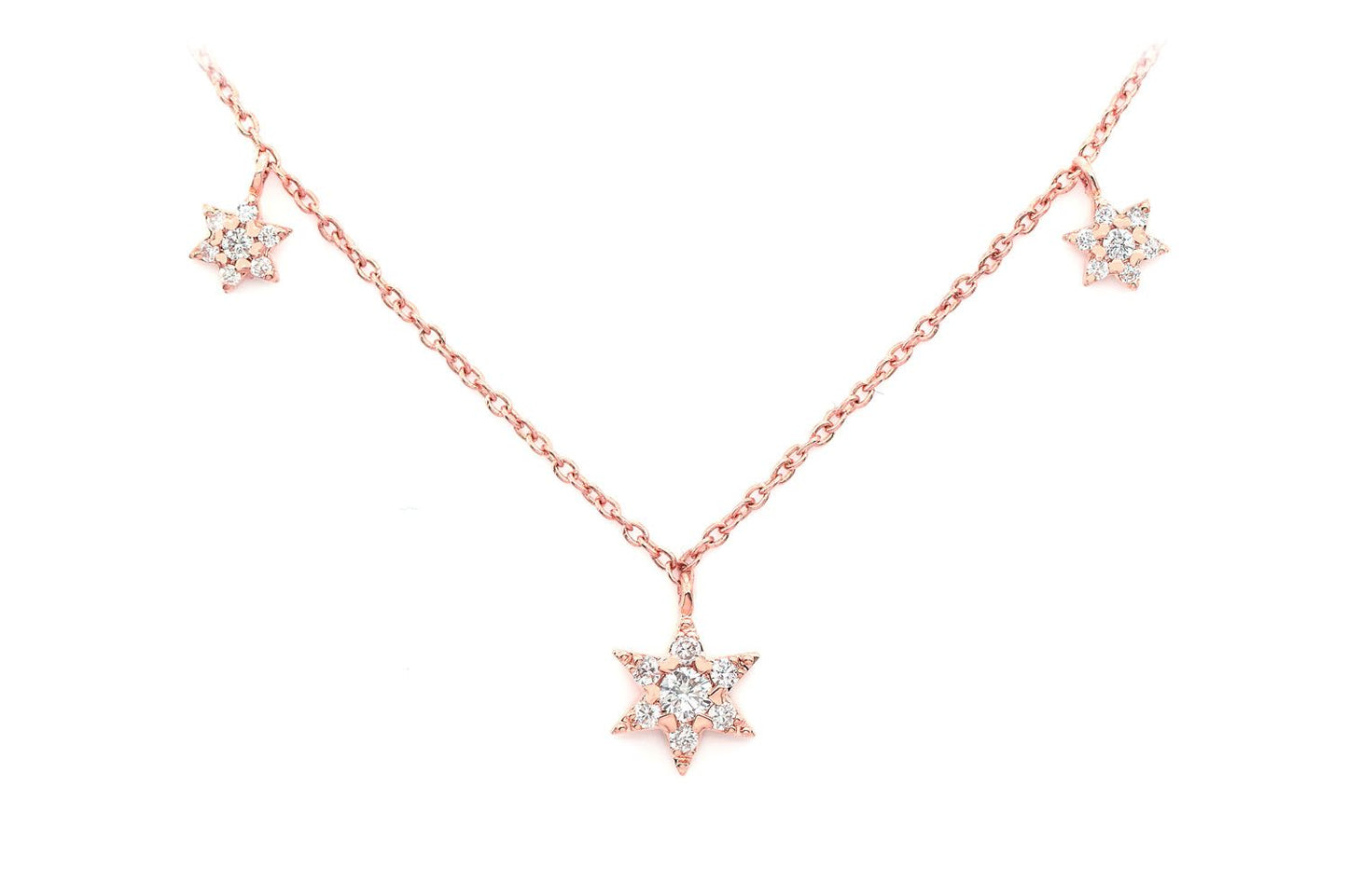 THREE STAR DIAMOND NECKLACE 14K SOLID GOLD 0.21CTW