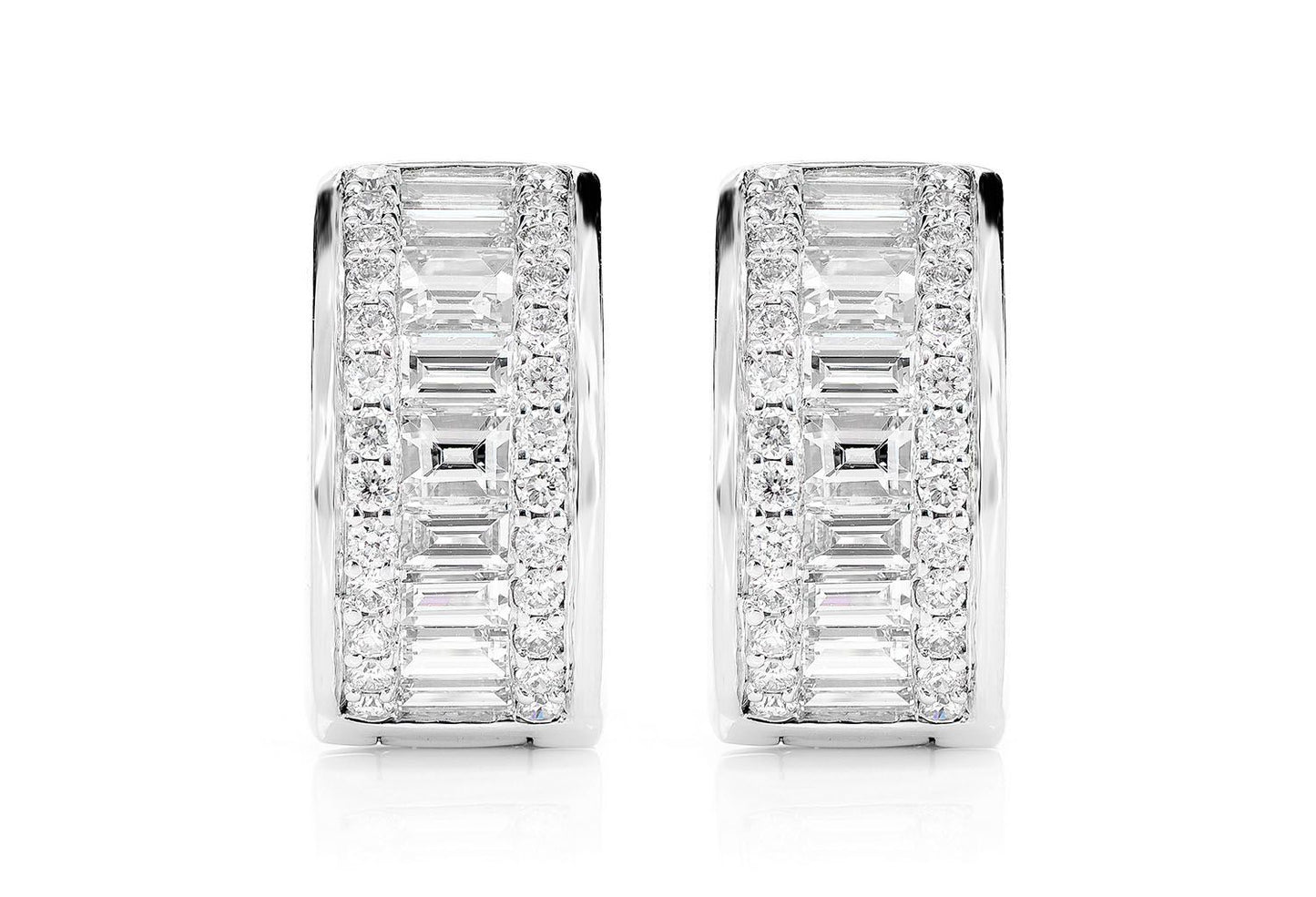 BAGUETTE AND ROUND DIAMOND BORDER HOOP EARRINGS 14K SOLID GOLD 1.80CTW