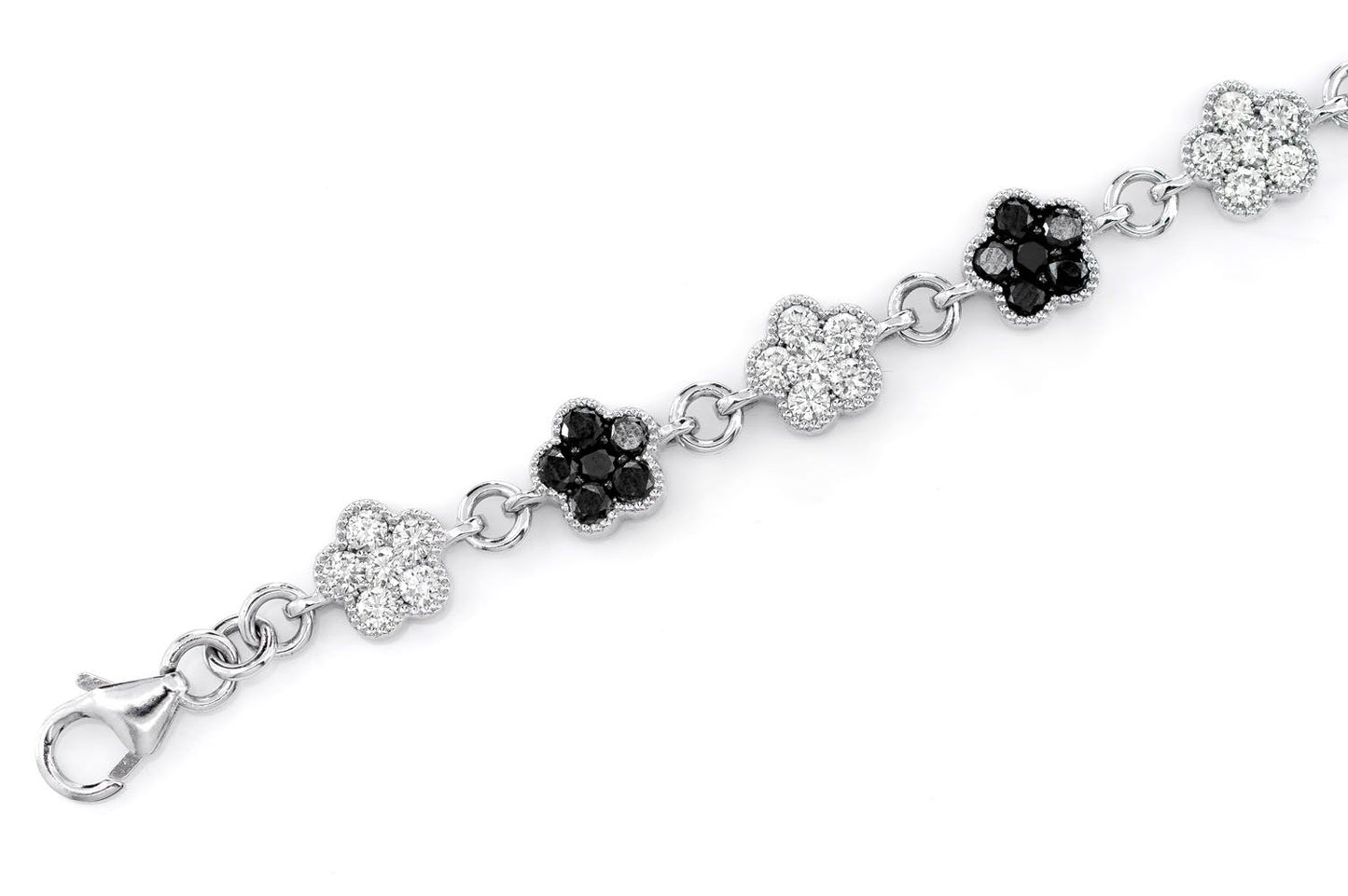 BLACK AND WHITE DIAMOND CLOVER BRACELET 14K SOLID GOLD 3.00CTW