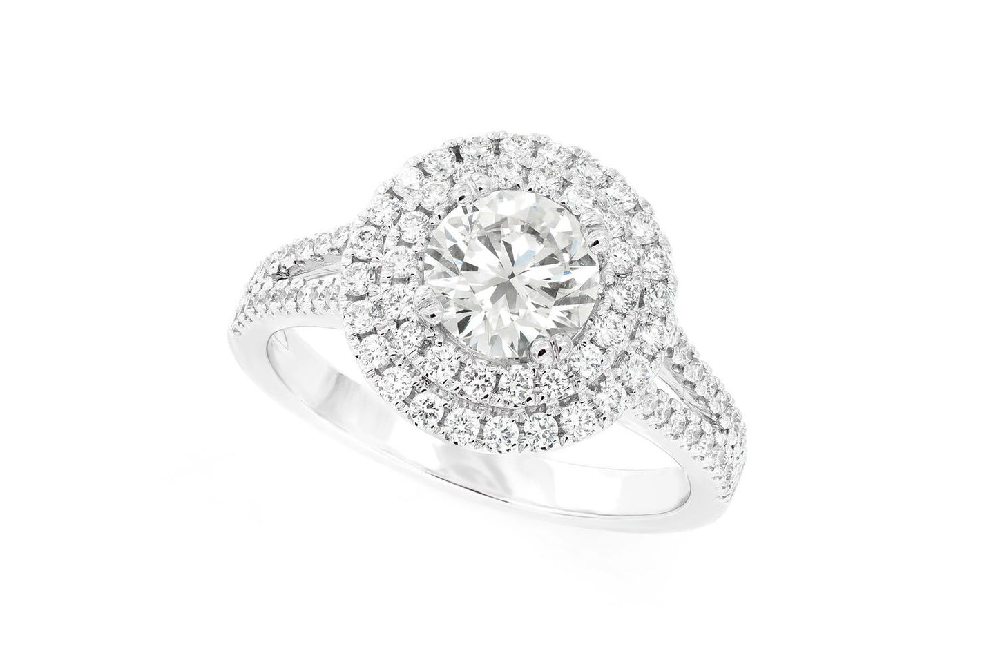 1.00CT ROUND SOLITAIRE - SPLIT SHANK DOUBLE HALO - DIAMOND ENGAGEMENT RING