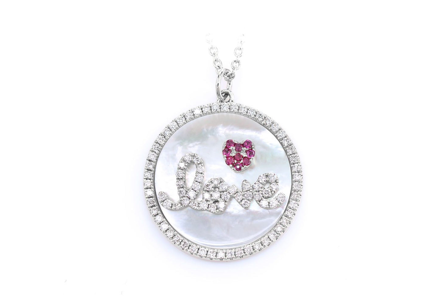 MOTHER OF PEARL LOVE DISC HALO DIAMOND PENDANT ATTACHED NECKLACE 14K SOLID GOLD 0.35CTW