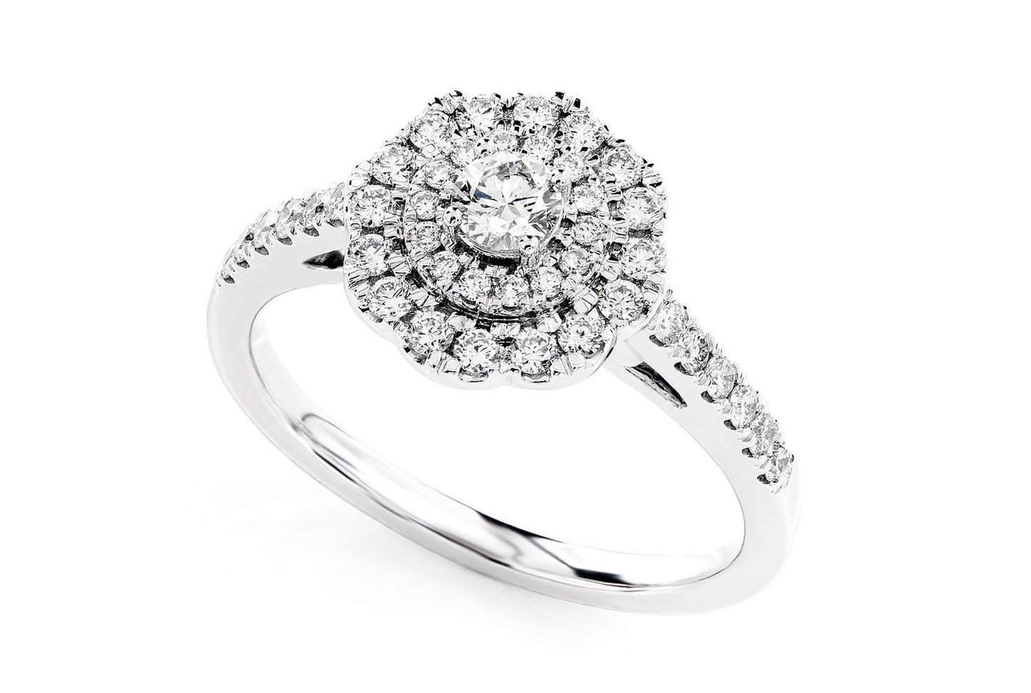 0.66CTW DOUBLE HALO SCROLL DIAMOND ENGAGEMENT RING 14K SOLID GOLD - 0.66CTW