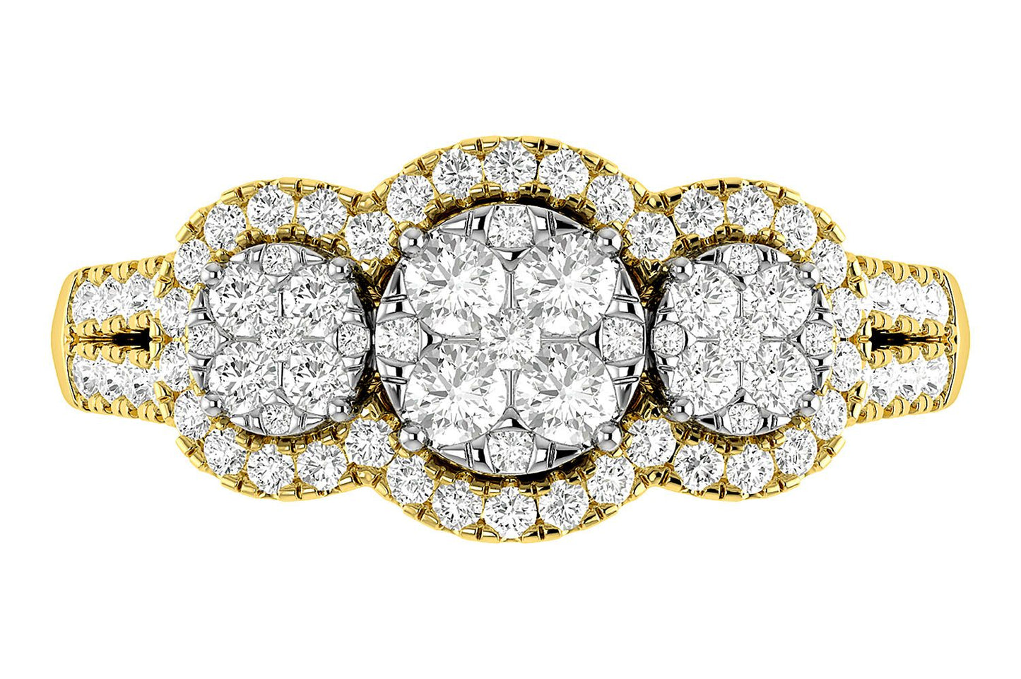 3 STONE CLUSTER SPLIT SHANK DIAMOND ENGAGEMENT RING 0.85CTW - 14K SOLID GOLD