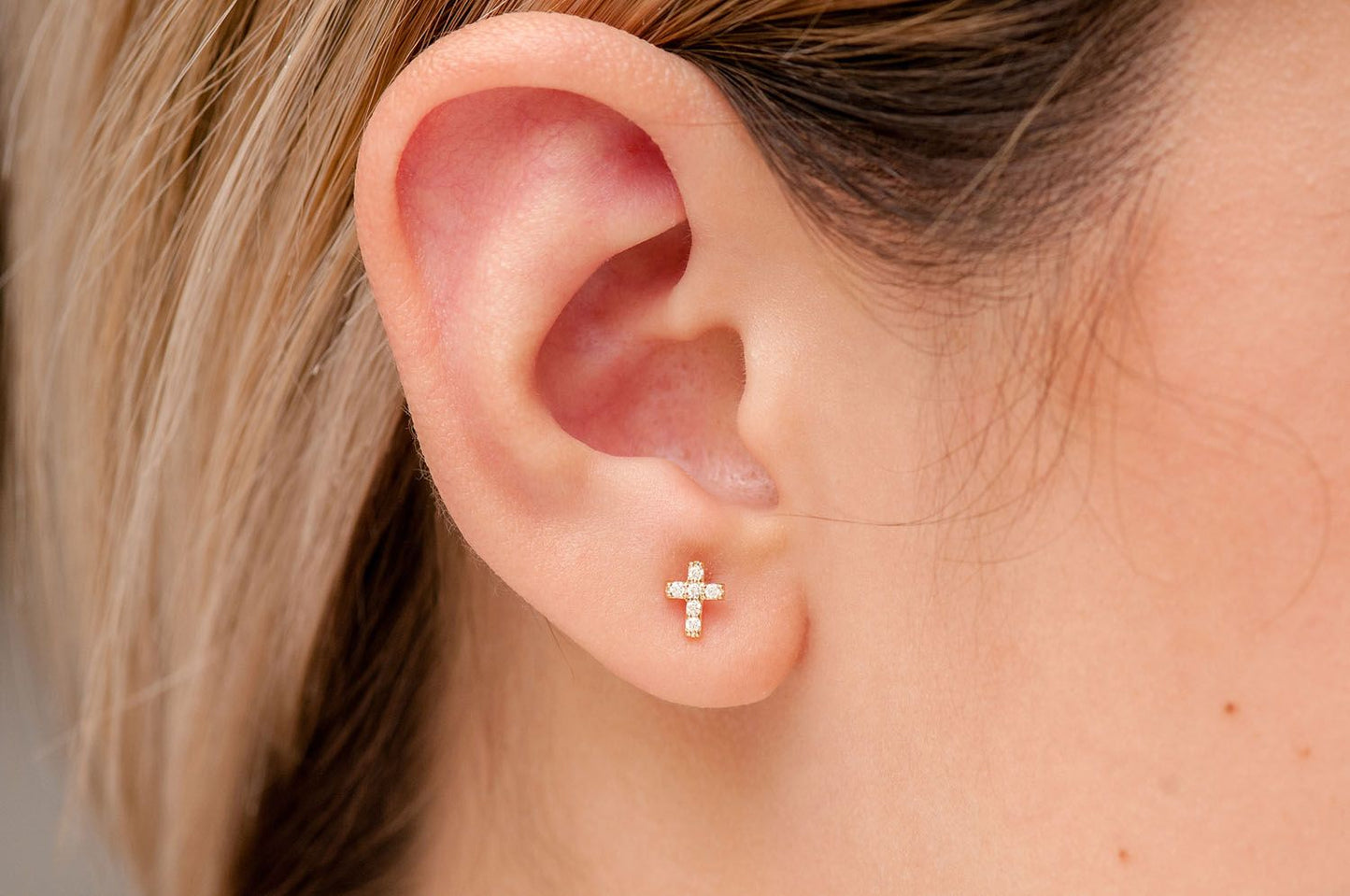CROSS STUD DIAMOND EARRINGS 14K SOLID GOLD 0.10CTW