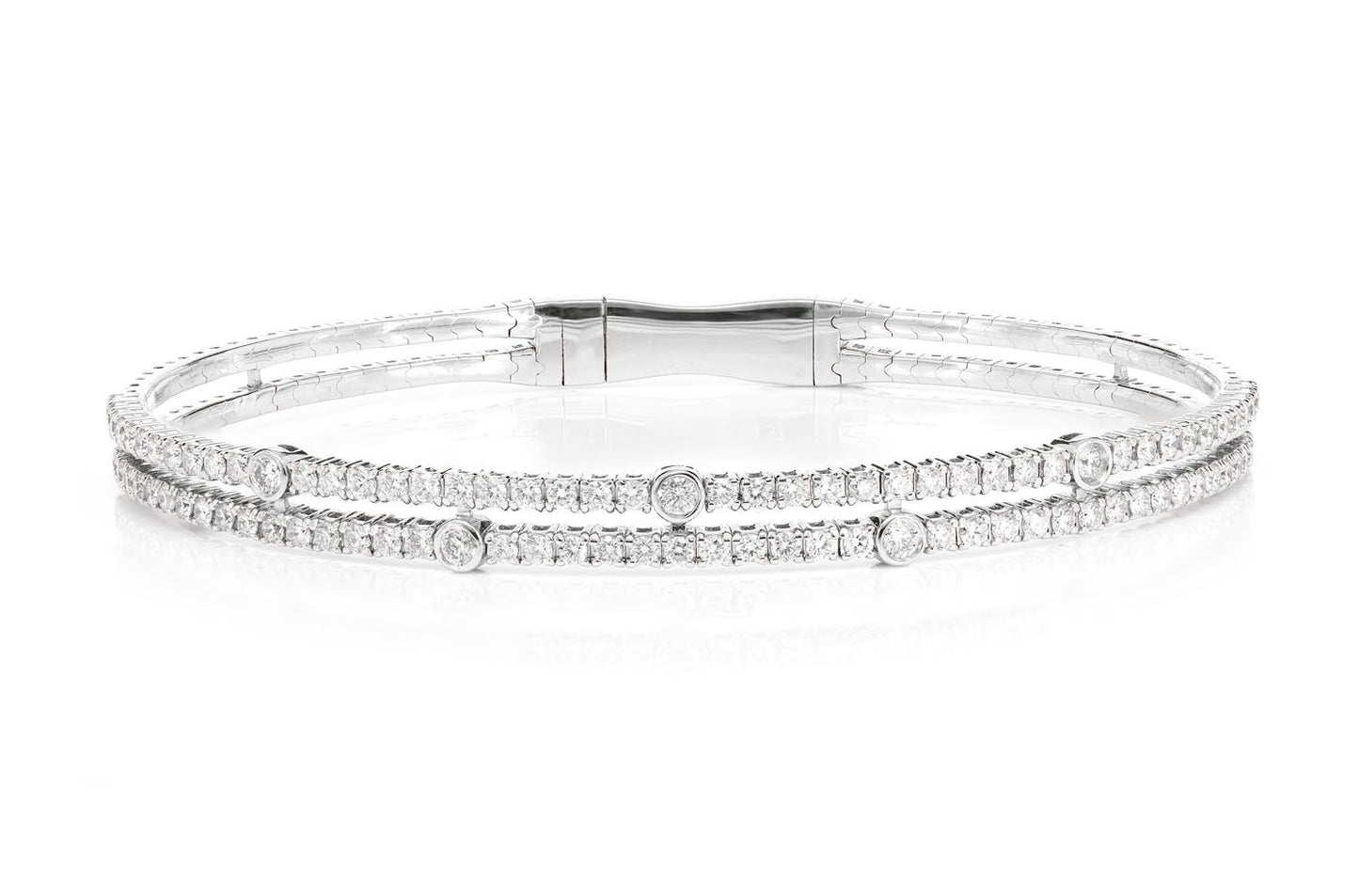 TWO ROW SCATTERED BEZEL FLEX BANGLE BRACELET 14K SOLID GOLD 1.55CTW