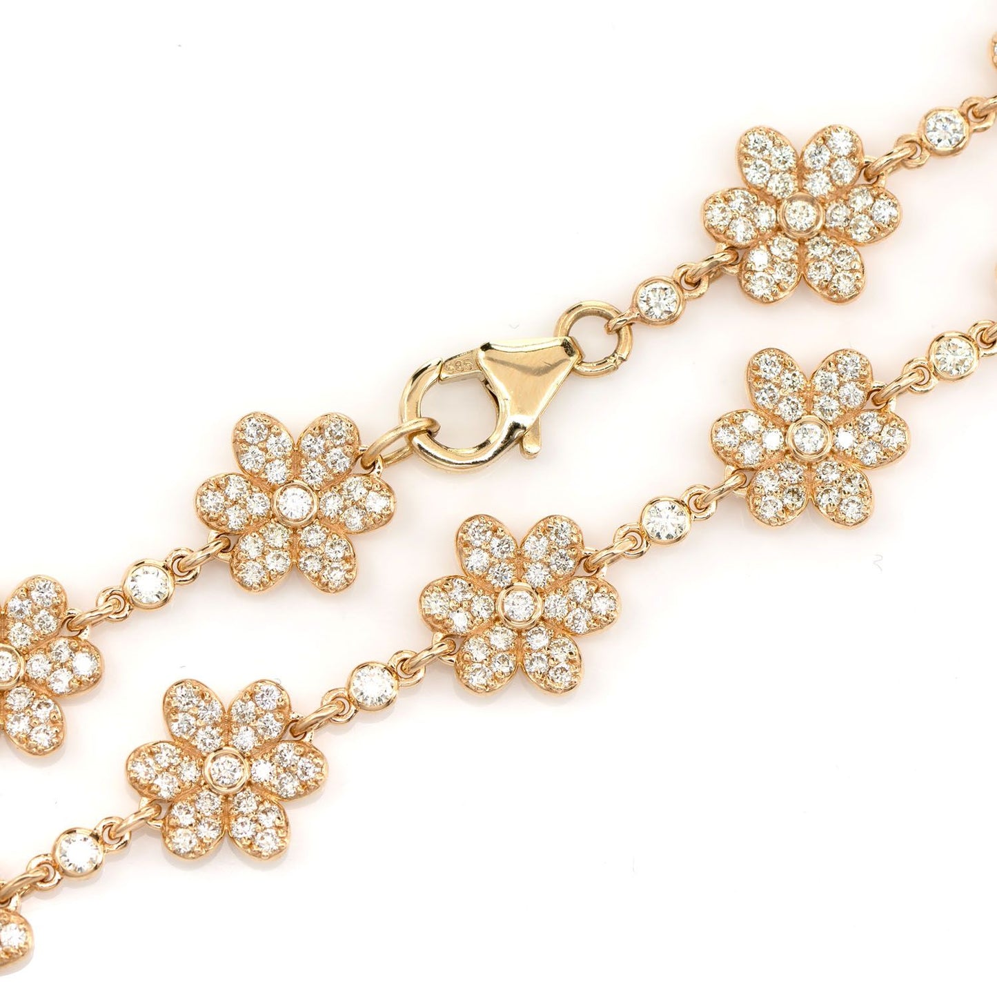 SIX PETAL FLOWER DIAMOND LINK STATION CHAIN 14K SOLID GOLD 7.00CTW