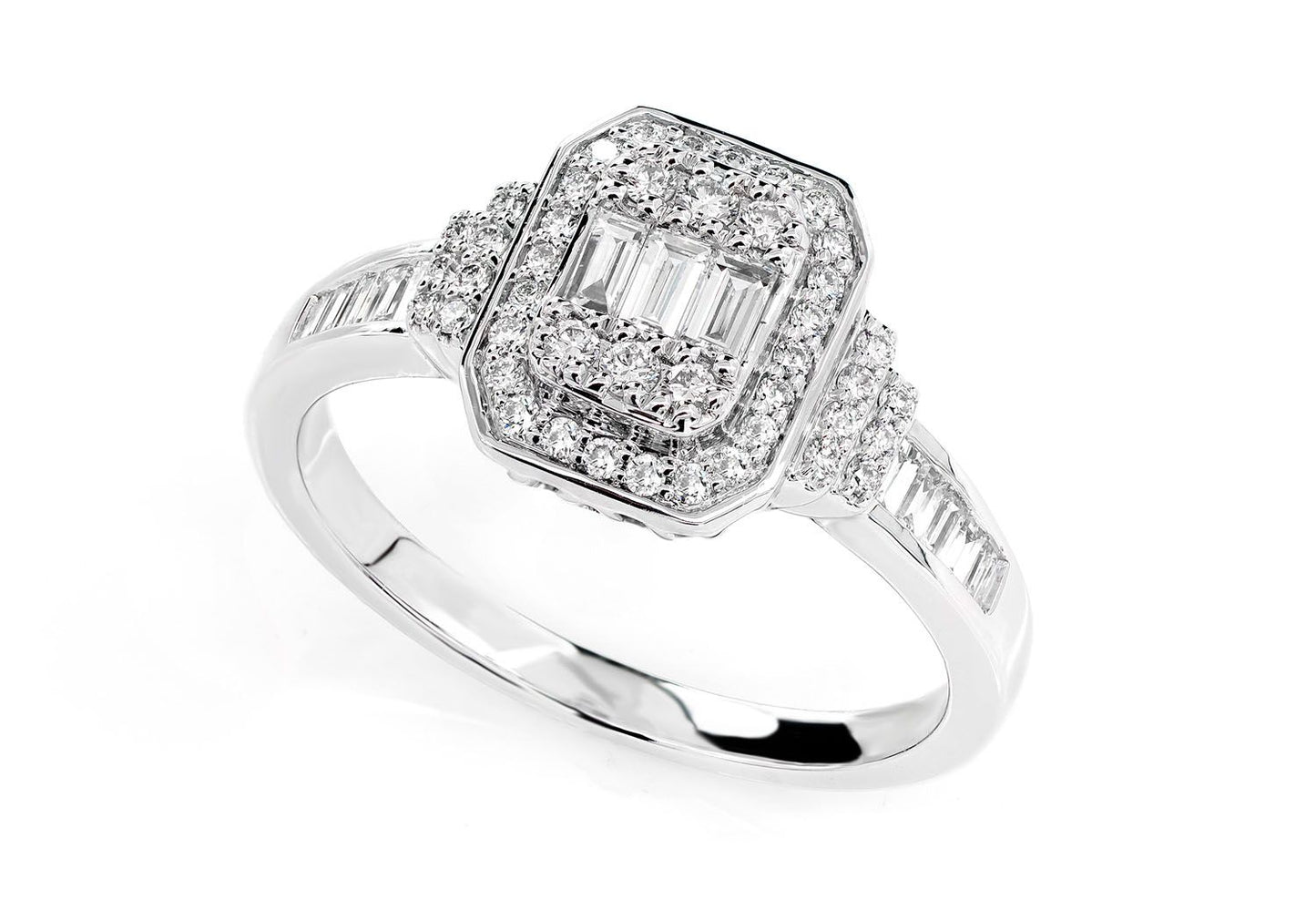 0.25CTW ROUND & BAGUETTE HALO TWO TIER RING 14K SOLID GOLD