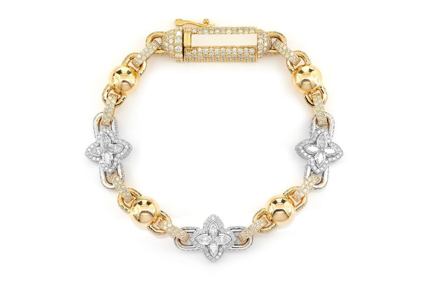 BEADED MARQUISE FLOWER ROLO BRACELET 14K SOLID GOLD 14.50CTW