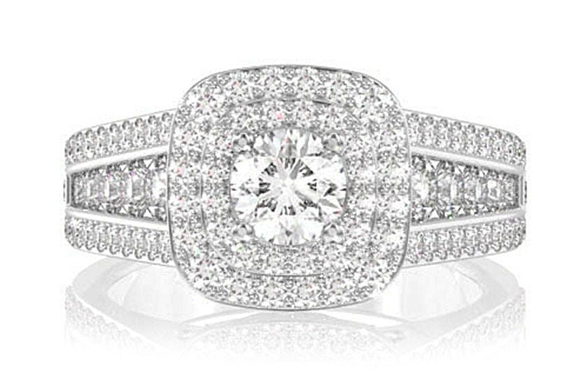 INEL DE LOGODNĂ CU DIAMANT ȘI HALO DUBLU, TRIPLU BEZEL, DIN AUR MASIV DE 14K, 2.00 CTW