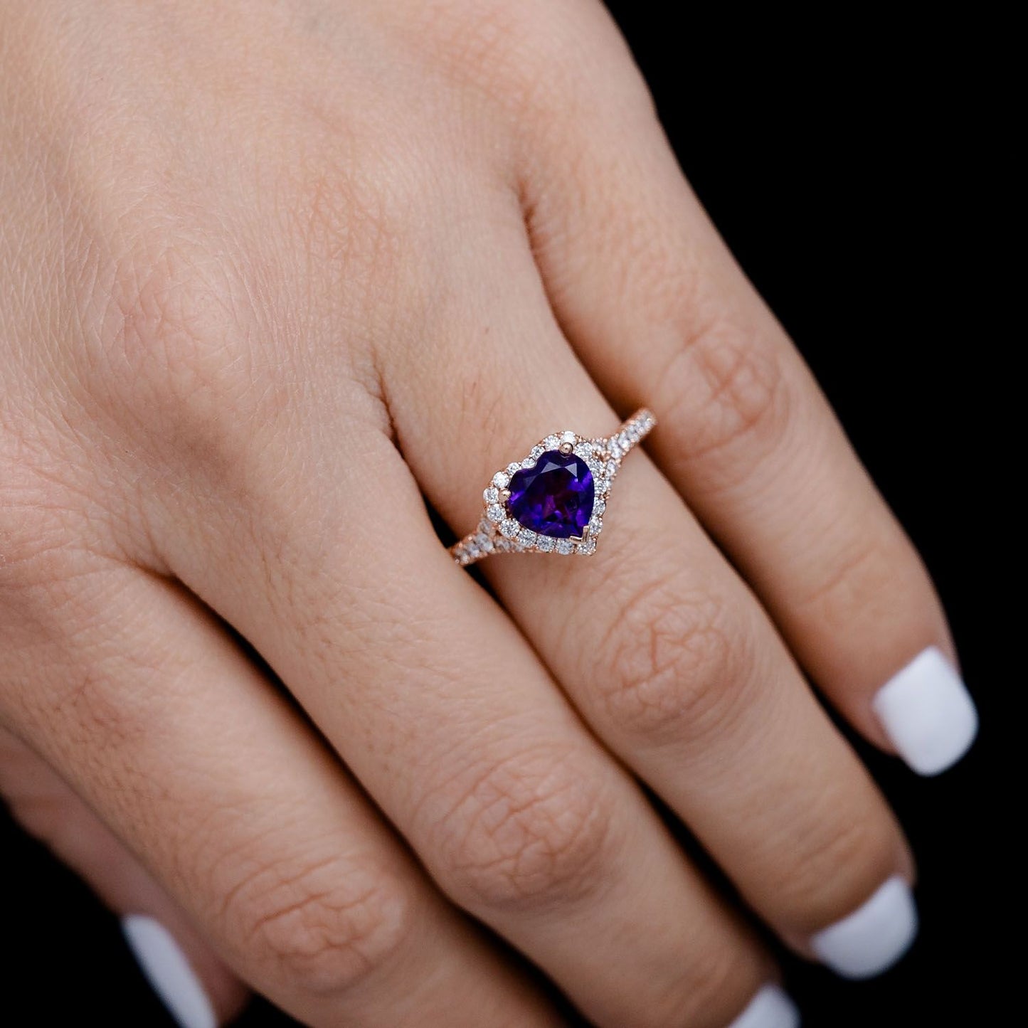 INEL CU INIMĂ, AMETIST ȘI DIAMANT, HALO, AUR MASIV DE 14K, 1.50CT