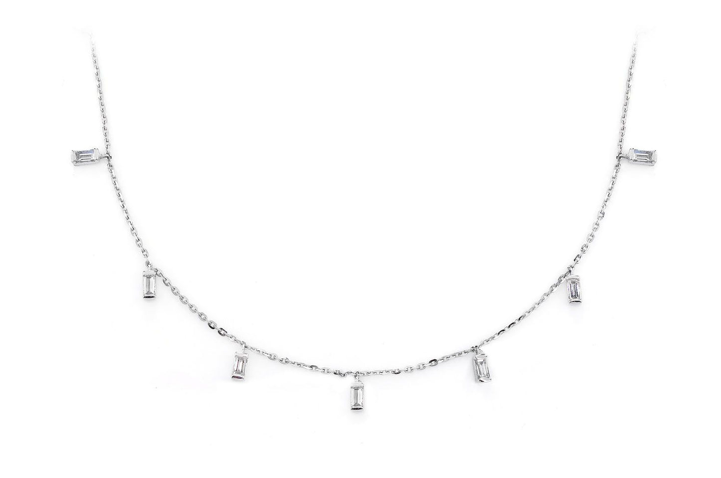 9 STONE BAGUETTE DANGLE STATION NECKLACE 14K SOLID GOLD 0.20CTW