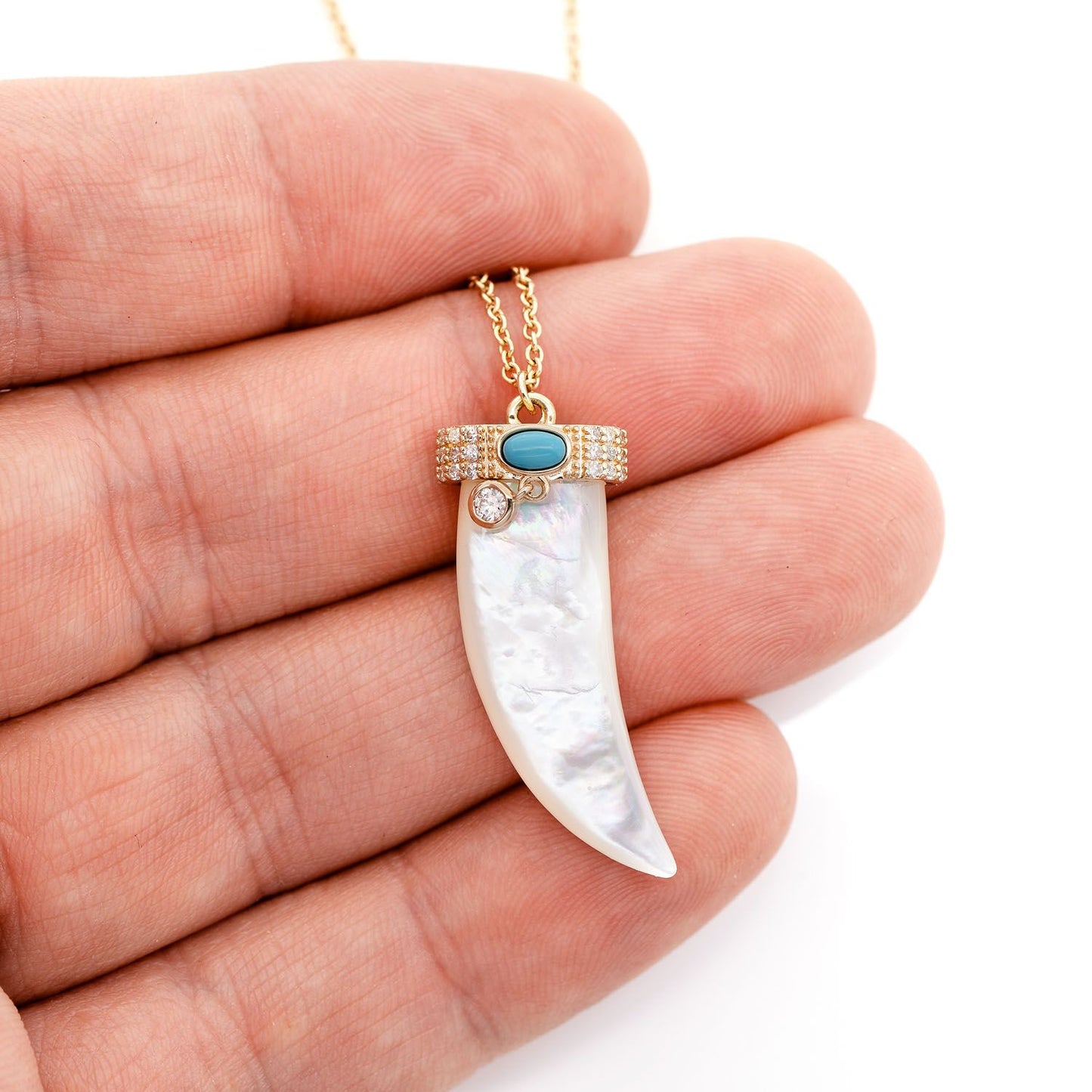 MOTHER OF PEARL HORN DIAMOND TURQUOISE PENDANT & NECKLACE 14K SOLID GOLD
