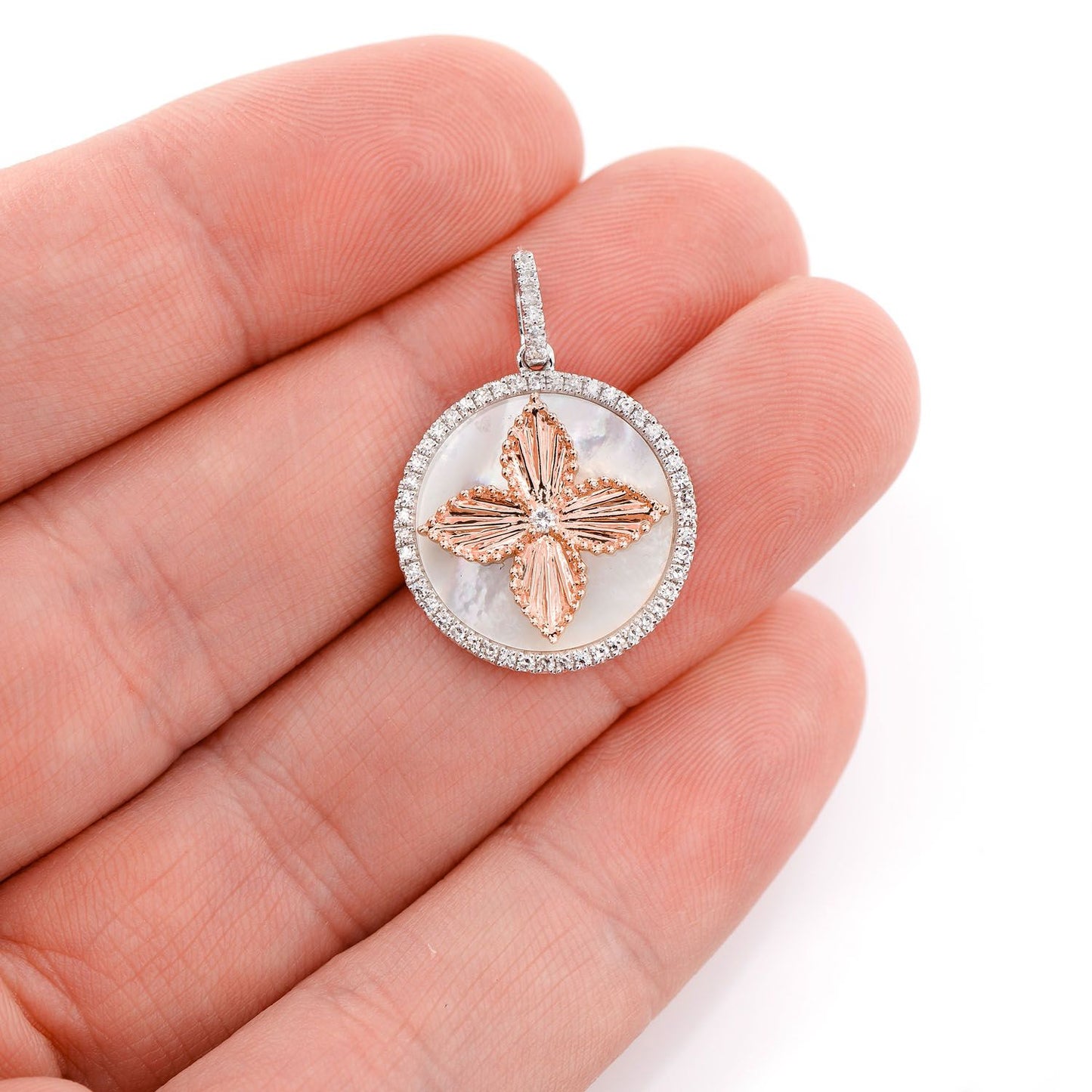 MOTHER OF PEARL AND DIAMOND FOUR PETAL FLOWER DISC PENDANT 14K SOLID GOLD 0.30CTW