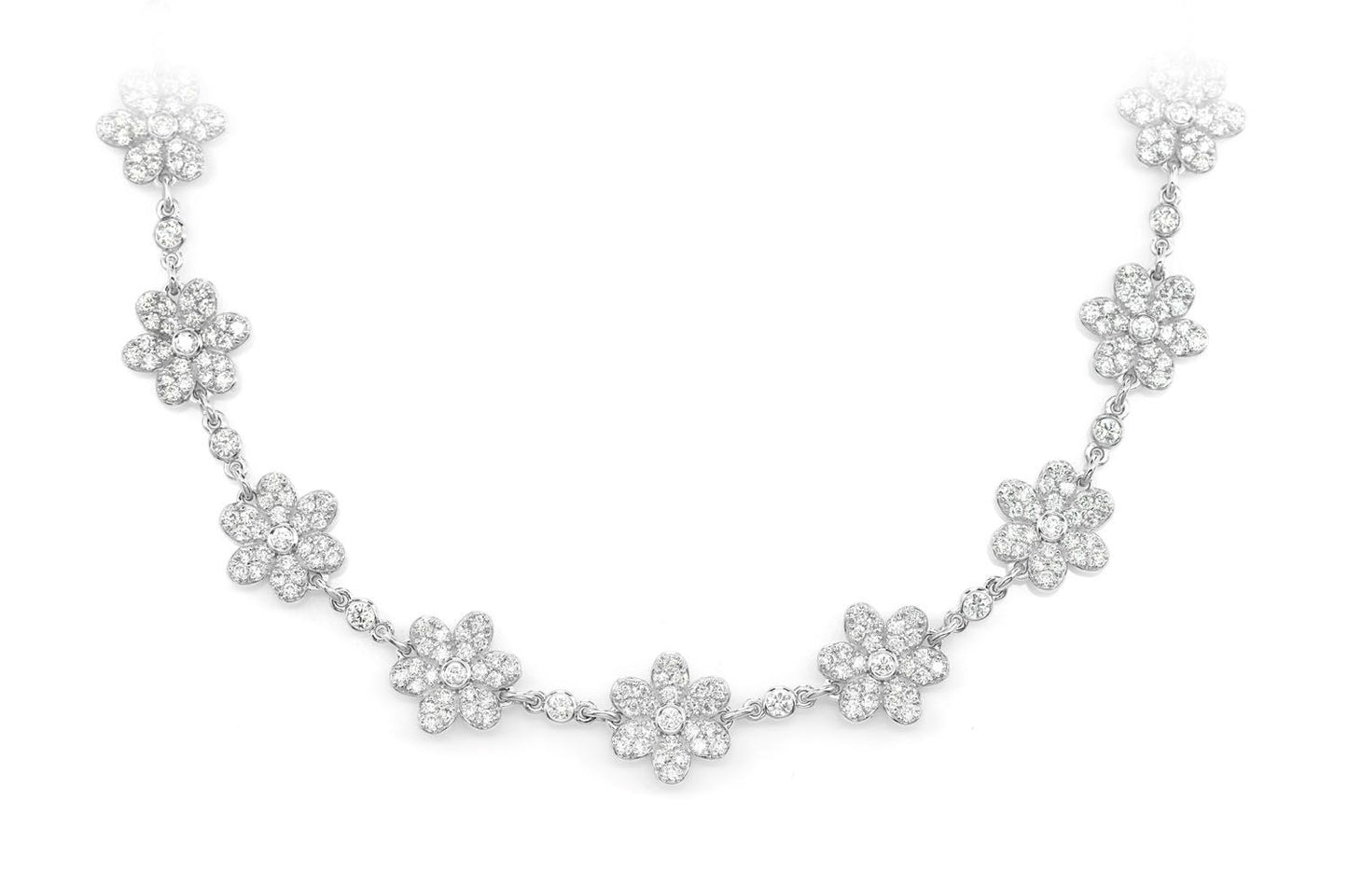 SIX PETAL FLOWER DIAMOND LINK STATION CHAIN 14K SOLID GOLD 7.00CTW