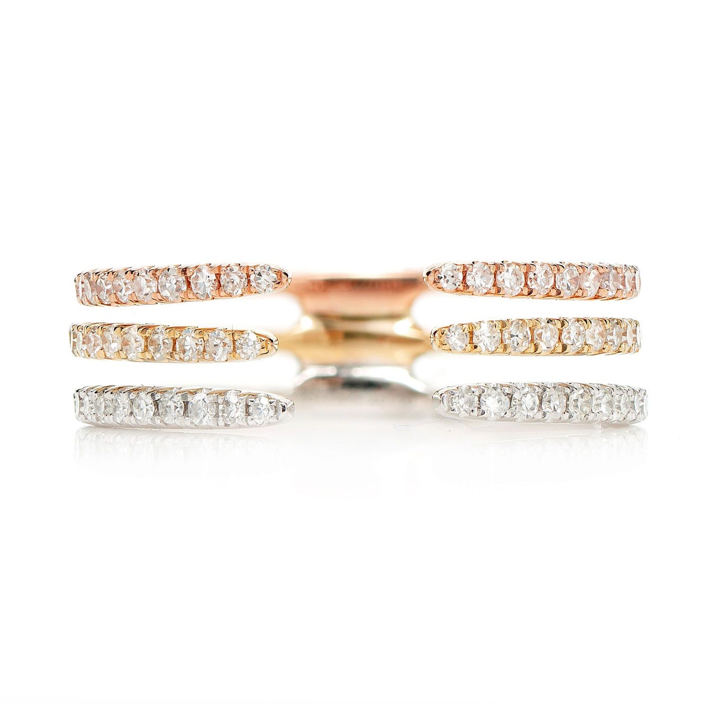 TRI TONE DIAMOND TRIPLE ROW OPEN BAND RING 14K SOLID GOLD 0.35CTW