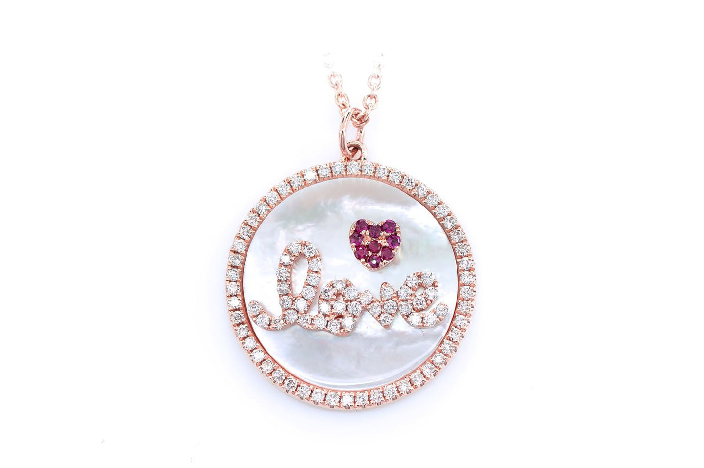 MOTHER OF PEARL LOVE DISC HALO DIAMOND PENDANT ATTACHED NECKLACE 14K SOLID GOLD 0.35CTW
