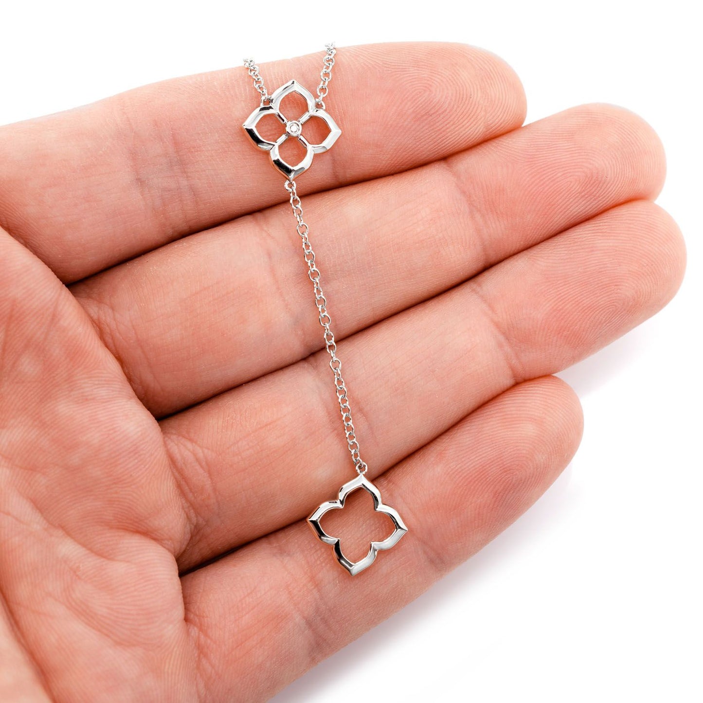OPEN CLOVER Y DANGLE NECKLACE 14K SOLID GOLD 0.01CTW