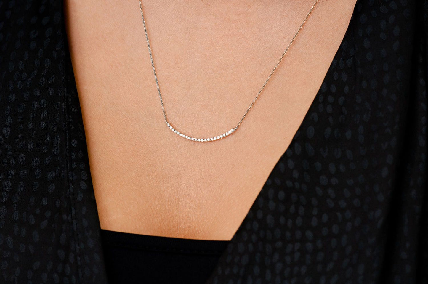 CURVED BAR DIAMOND NECKLACE CONNECTED 14K SOLID GOLD 0.20CTW