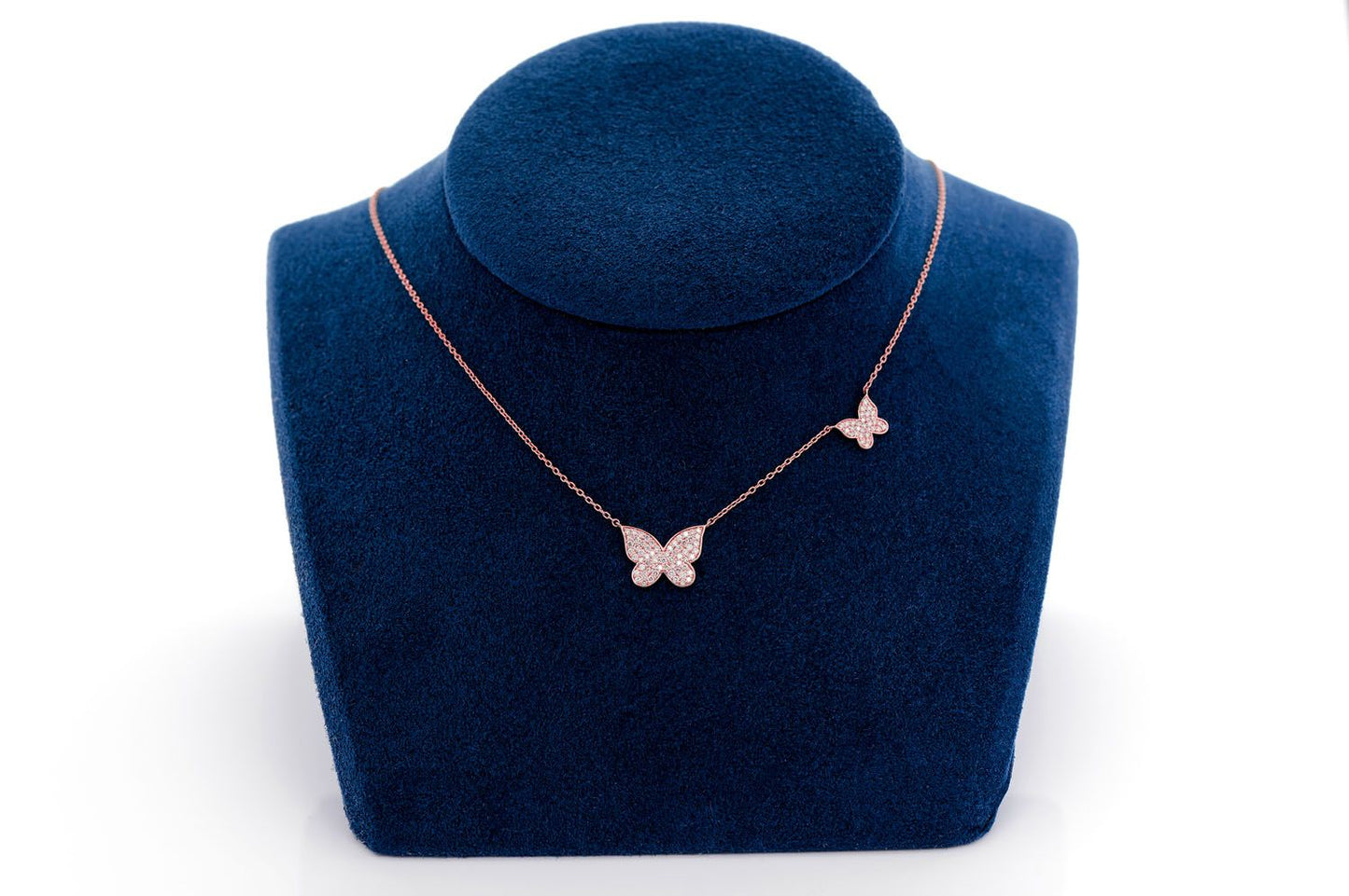 DOUBLE BUTTERFLY DIAMOND NECKLACE ATTACHED 14K SOLID GOLD 0.37CTW