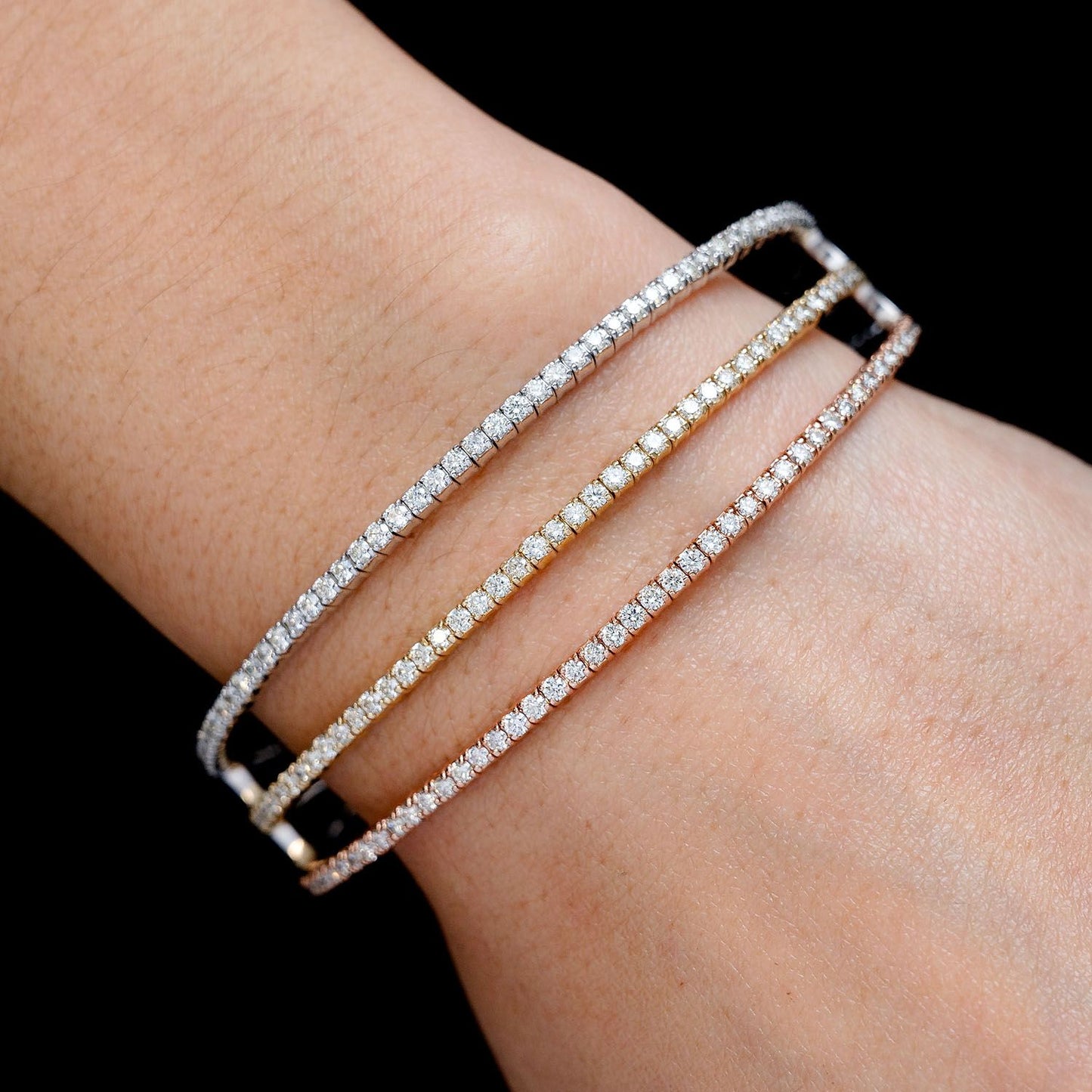 TRI-TONE DIAMOND SPLIT FLEX BANGLE BRACELET 14K SOLID GOLD 3.05CTW