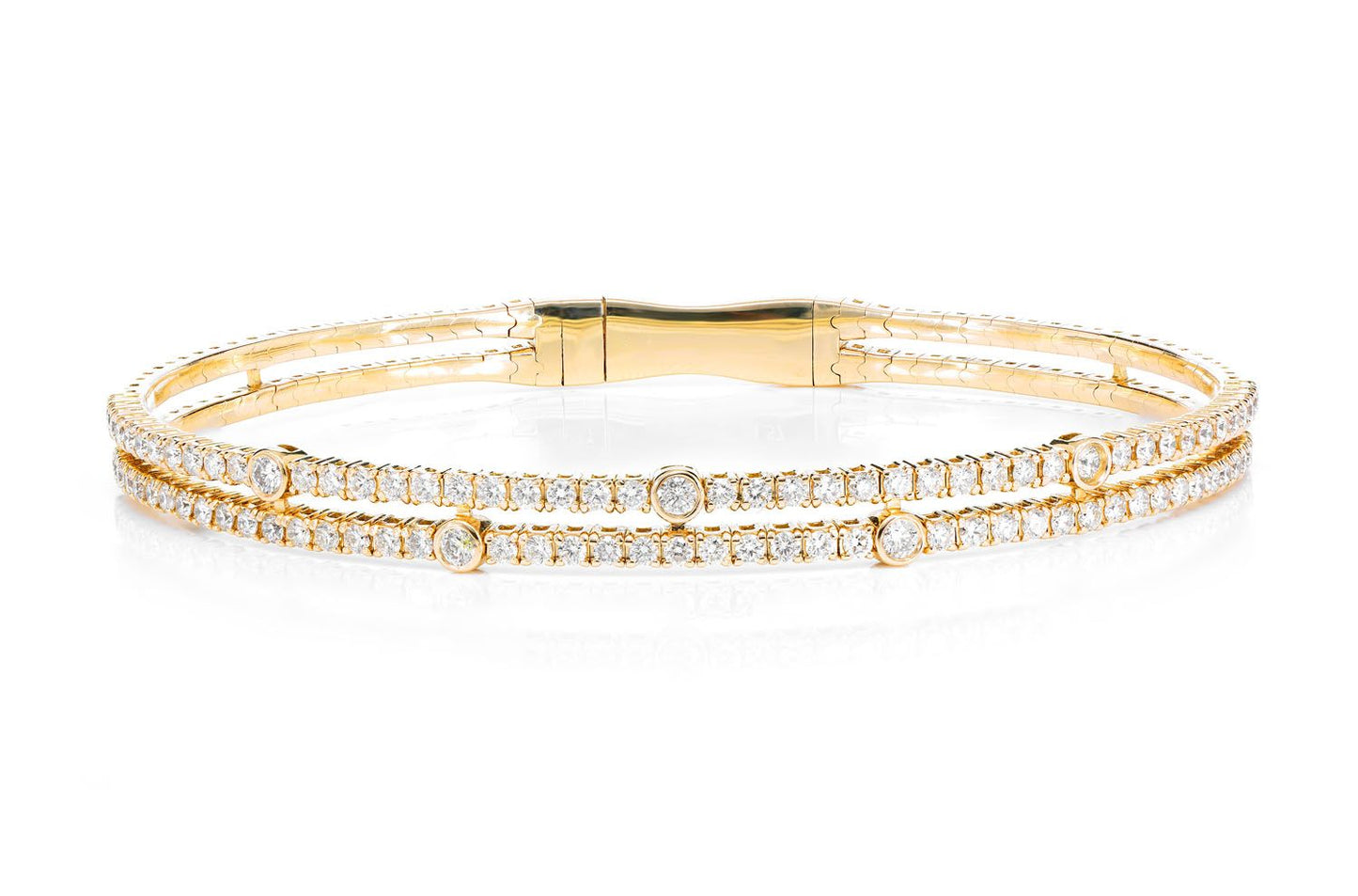 TWO ROW SCATTERED BEZEL FLEX BANGLE BRACELET 14K SOLID GOLD 1.55CTW