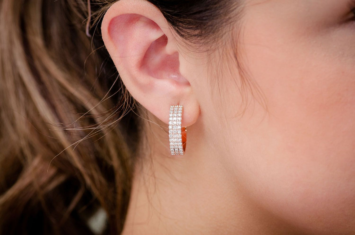 THREE ROW HOOP DIAMOND EARRINGS 14K SOLID GOLD 1.75CTW