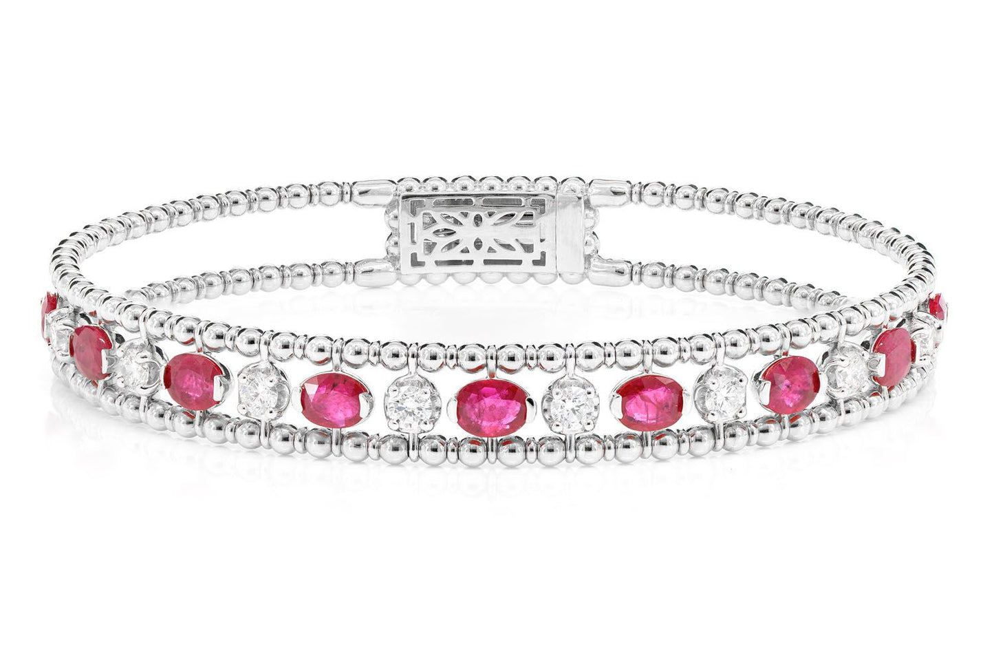 OVAL AND ROUND BEADED RUBY AND DIAMOND FLEX BANGLE BRACELET 14K SOLID GOLD 3.50CTW