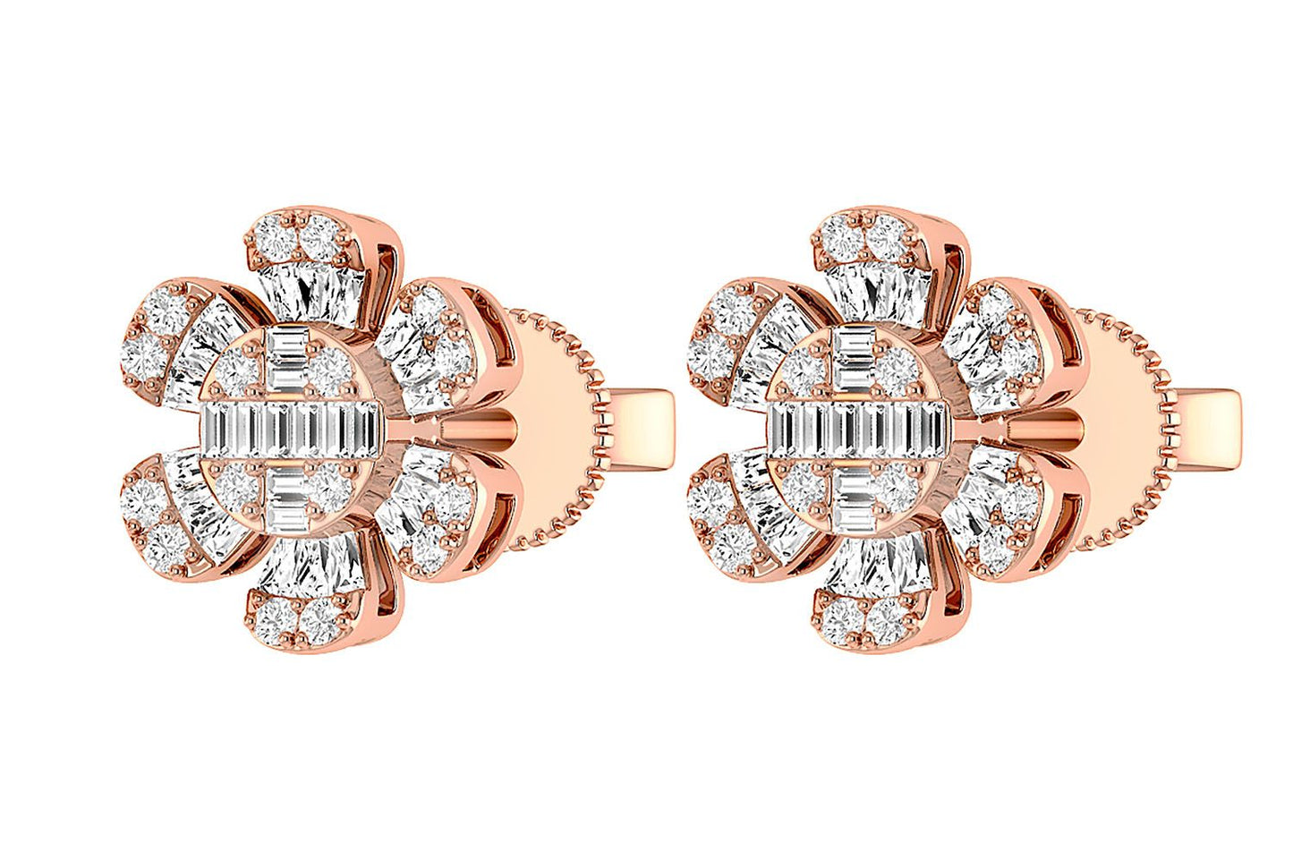 FLORAL BAGUETTE & ROUND DIAMOND STUD EARRINGS 14K SOLID GOLD 0.50CTW