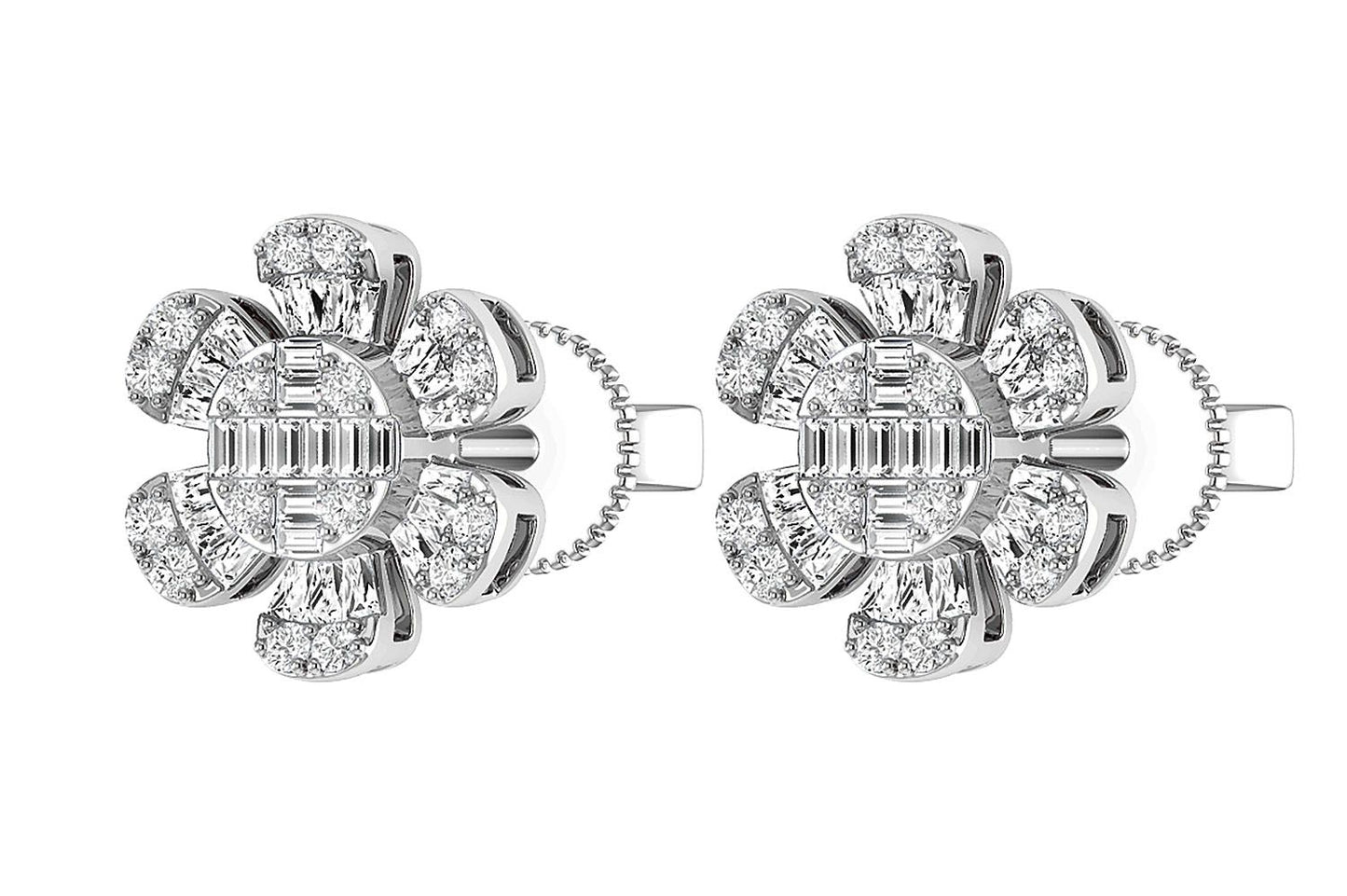 FLORAL BAGUETTE & ROUND DIAMOND STUD EARRINGS 14K SOLID GOLD 0.50CTW