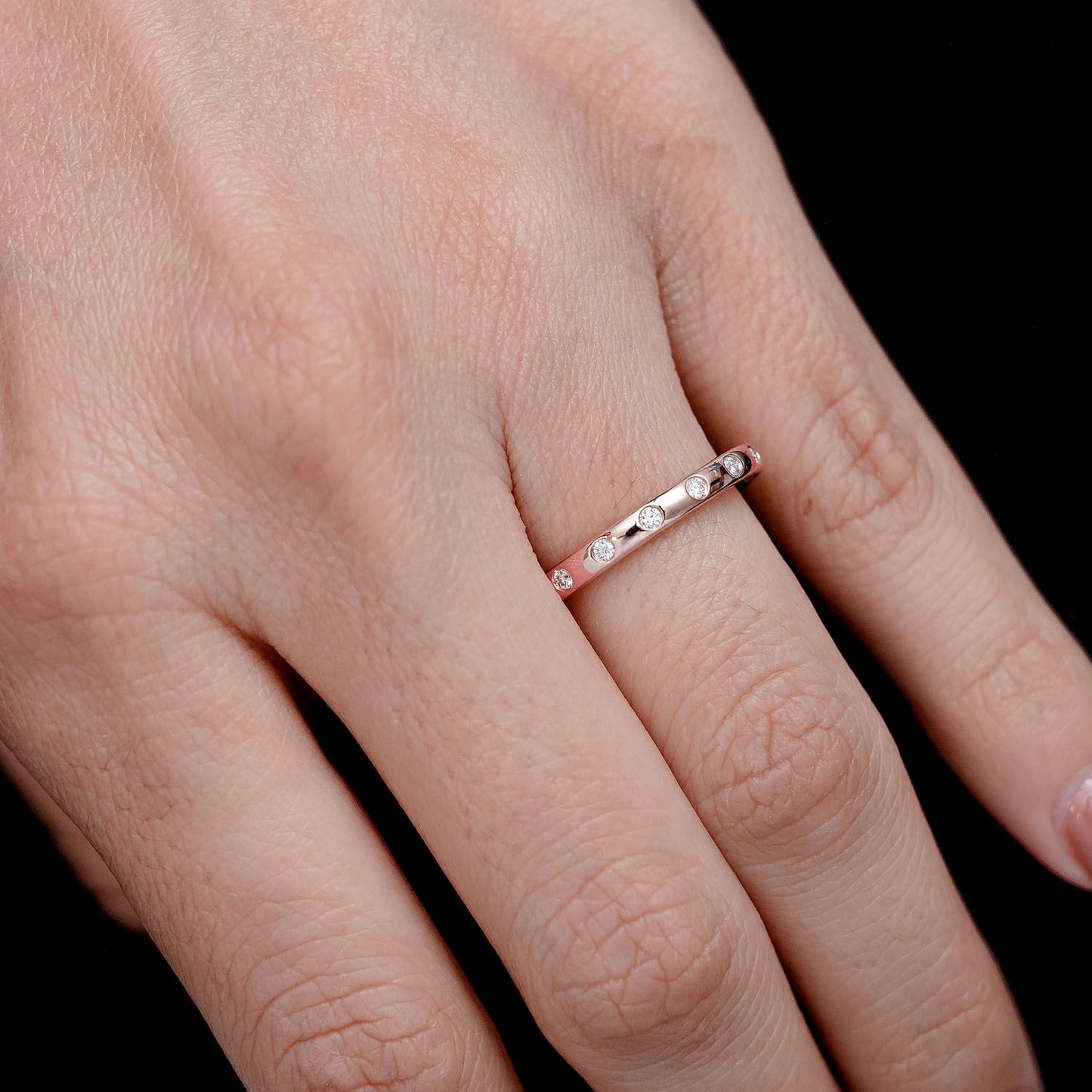 THIN GYPSY SET DIAMOND BAND RING 14K SOLID GOLD 0.10CTW