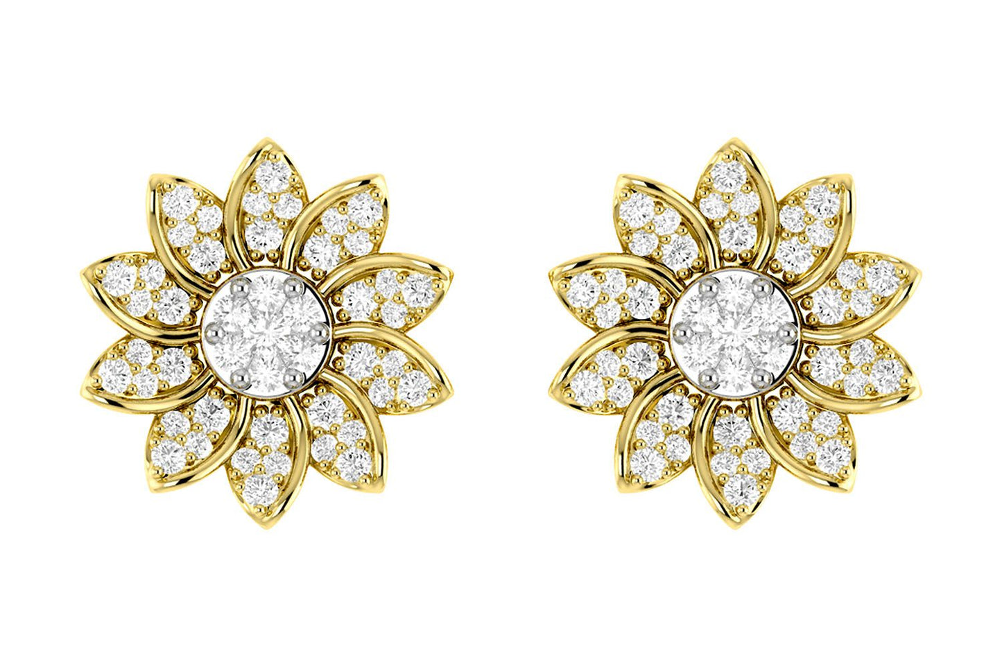 SUNFLOWER DIAMOND STUD EARRINGS 14K SOLID GOLD 0.30CTW