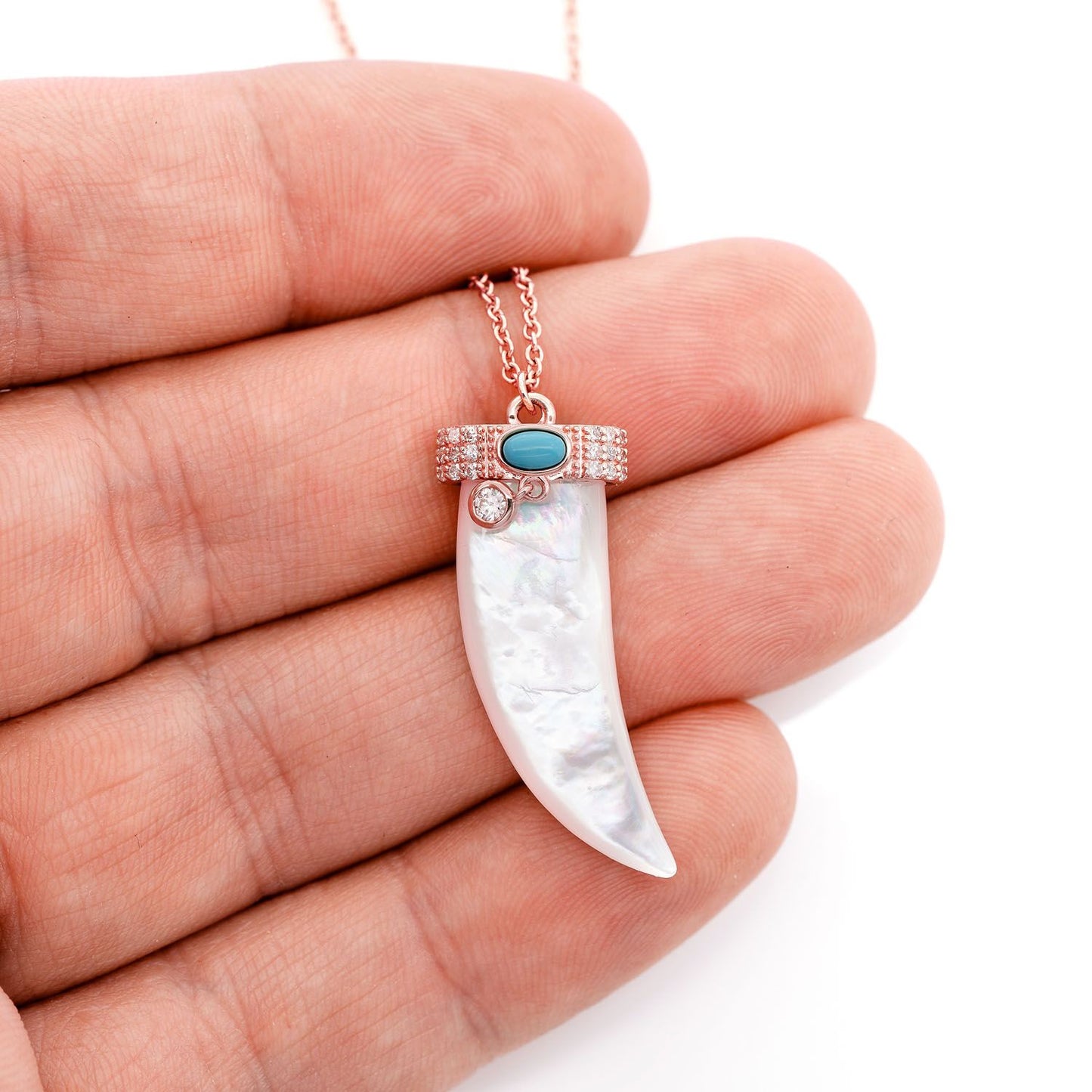 MOTHER OF PEARL HORN DIAMOND TURQUOISE PENDANT & NECKLACE 14K SOLID GOLD
