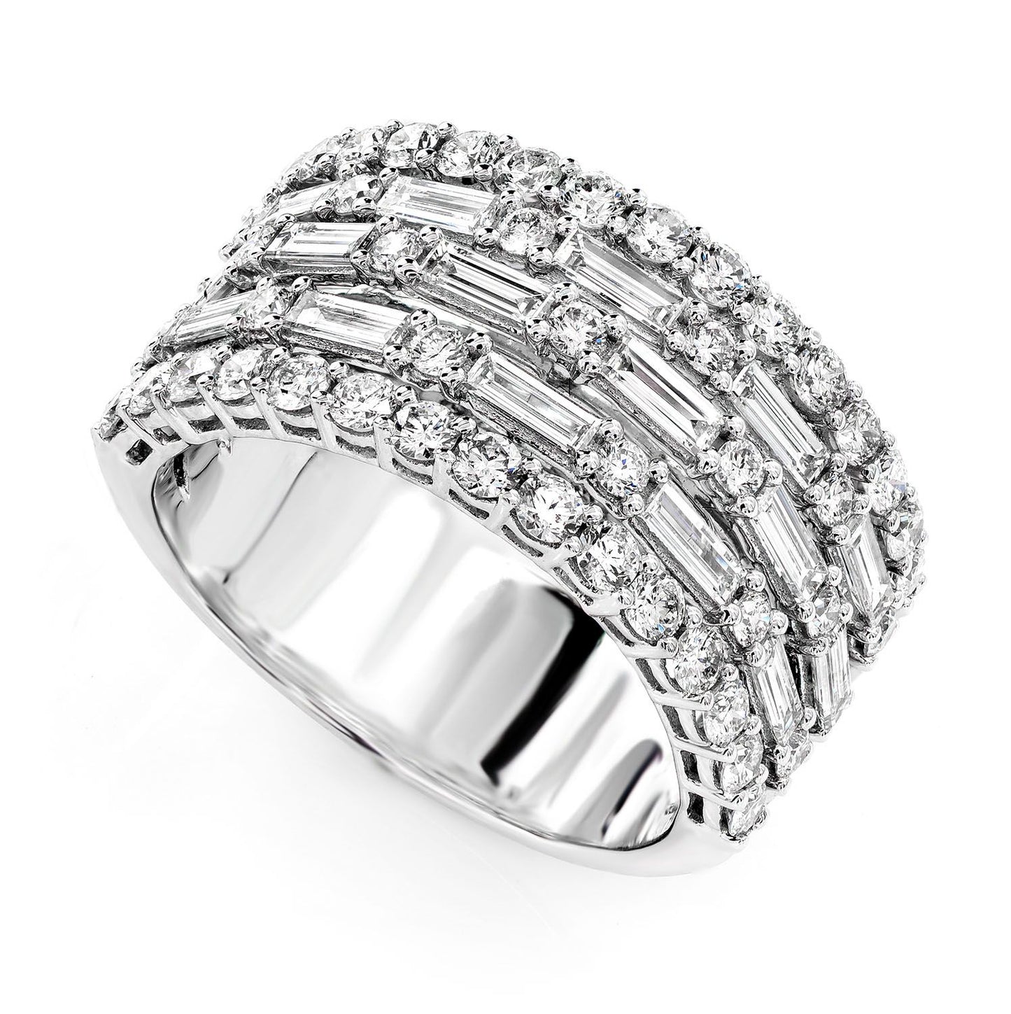 FIVE ROW BAGUETTE AND ROUND DIAMOND BAND RING 14K SOLID GOLD 2.30CTW