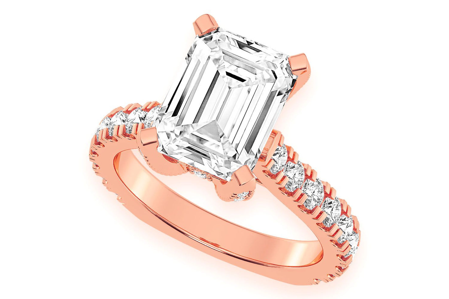 3.00CT EMERALD SOLITAIRE - SINGLE ROW SCALLOP - DIAMOND ENGAGEMENT RING